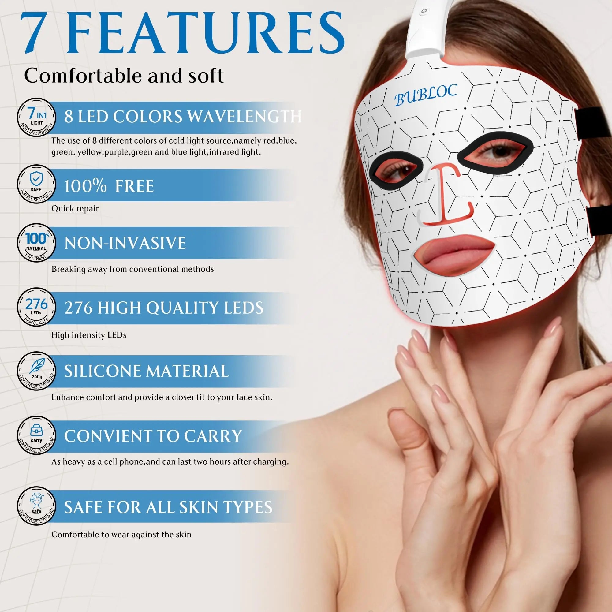 BUBLOC Red Light Therapy Mask, Led Contour Face Mask Light Therapy, 7 Color Red Light Face Mask BUBLOC Au supplements