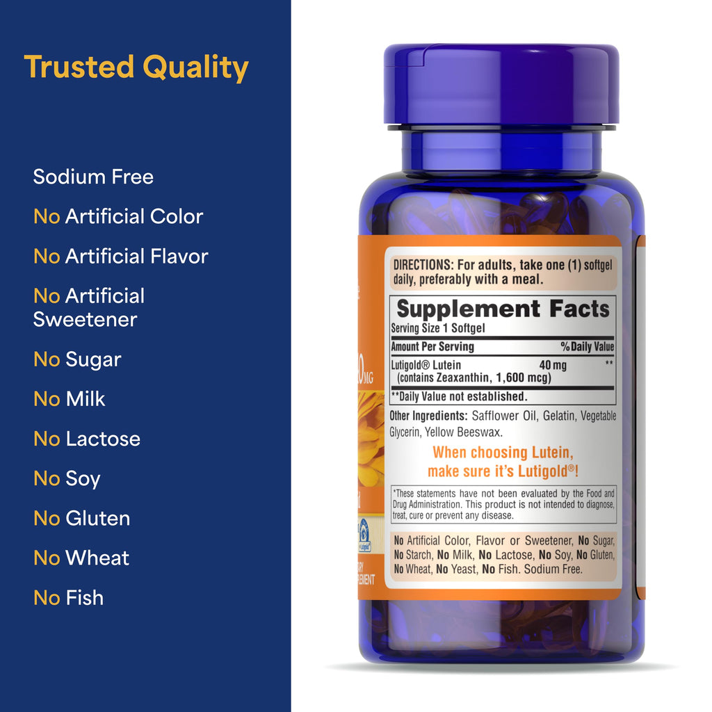 Puritan's Pride Premium Lutigold™ Lutein Carotenoid 40 mg with Zeaxanthin for Men and Women, Dietary Supplement for Eye Health Support, 2 Month Supply, 60 Easy-to-Swallow Softgels