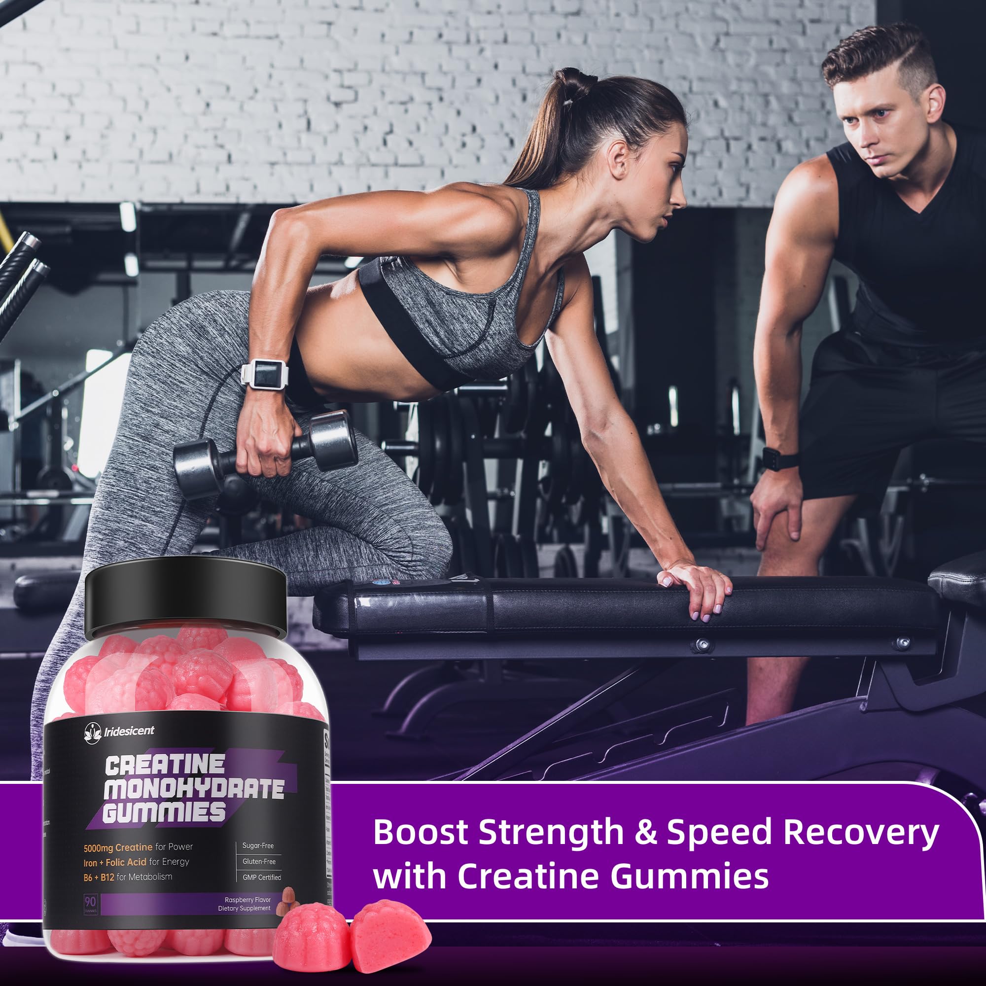 IRIDESICENT Creatine Monohydrate Gummies 5000mg w/Iron, Vitamin B6 & B12, Sugar Free 5g Creatine Supplements for Women and Men Boost Energy & Muscle Recovery - 90 Raspberry Gummies IRIDESICENT Au supplements