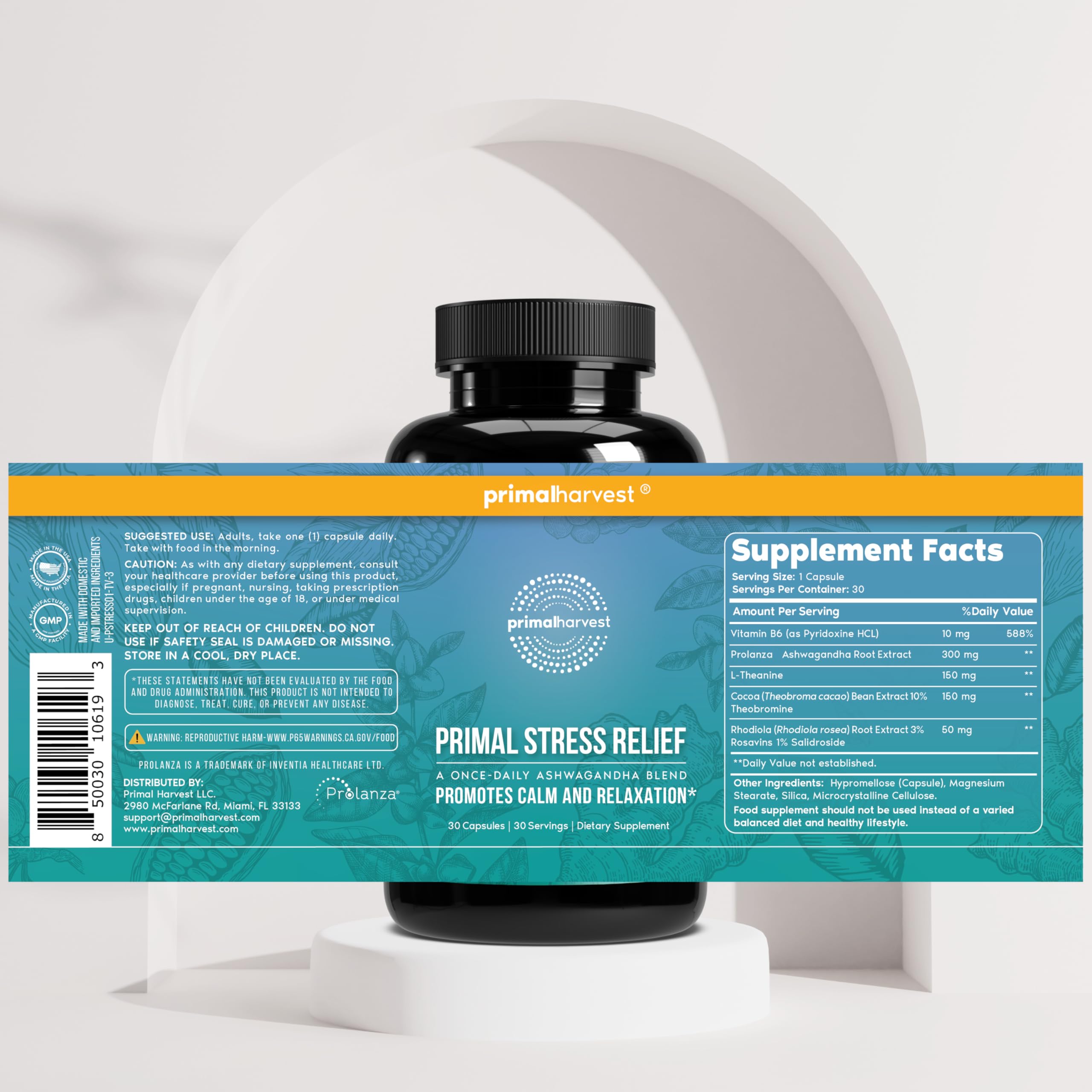 Primal Harvest Stress Relief Supplement for Women and Men Pure Ashwagandha Root Extract, L-Theanine Supplements, 30 Capsules Primal Harvest Au supplements
