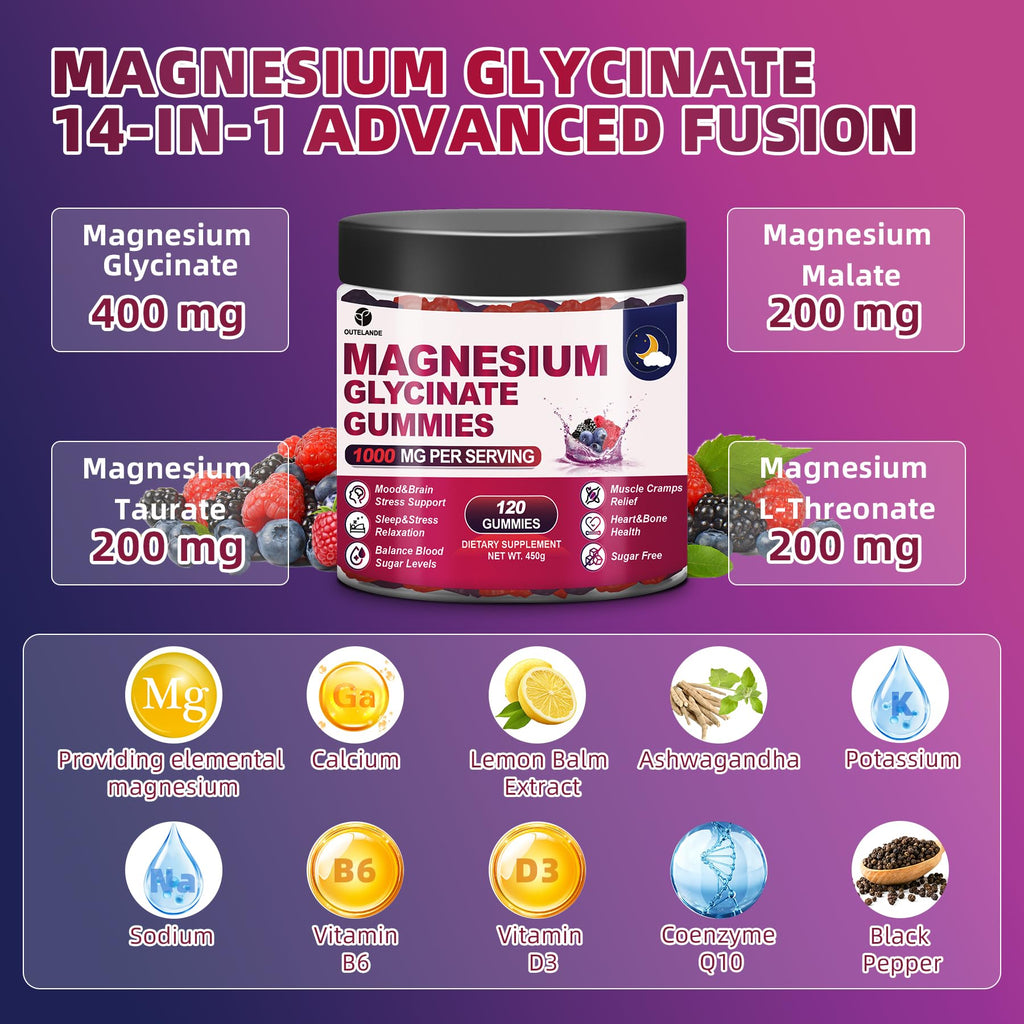 120 CT Magnesium Glycinate Gummies 1000 mg for Women and Men, Magnesium Malate & Taurate Supplements for Sleep, Body Support and Relaxation, Sugar Free