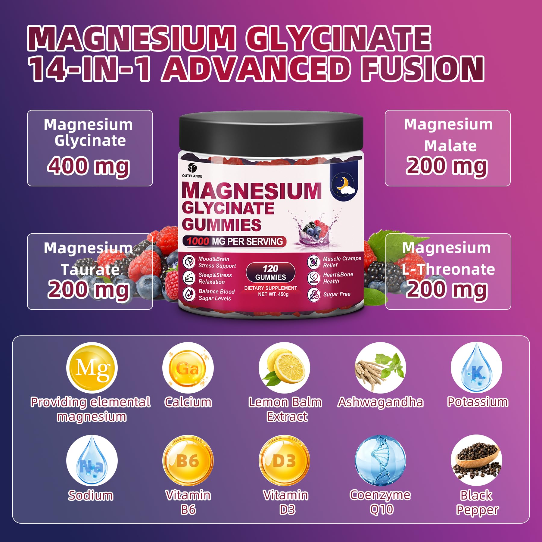 120 CT Magnesium Glycinate Gummies 1000 mg for Women and Men, Magnesium Malate & Taurate Supplements for Sleep, Body Support and Relaxation, Sugar Free