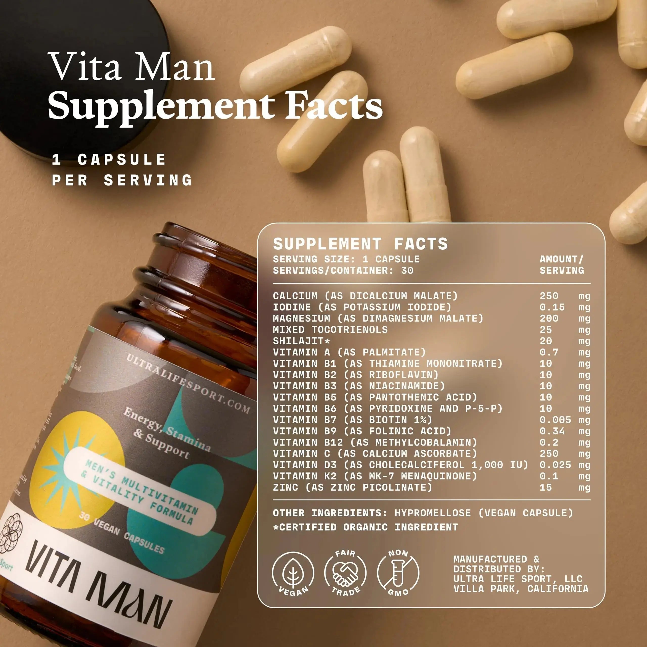 Ultra Life Sport - VITA Man Premium Men's Multivitamin - 30 Capsule Daily Vitamins for Men with Vitamin E, K2 MK-7, and B Vitamins for Maximum Absorption Ultra Life Sport Au supplements