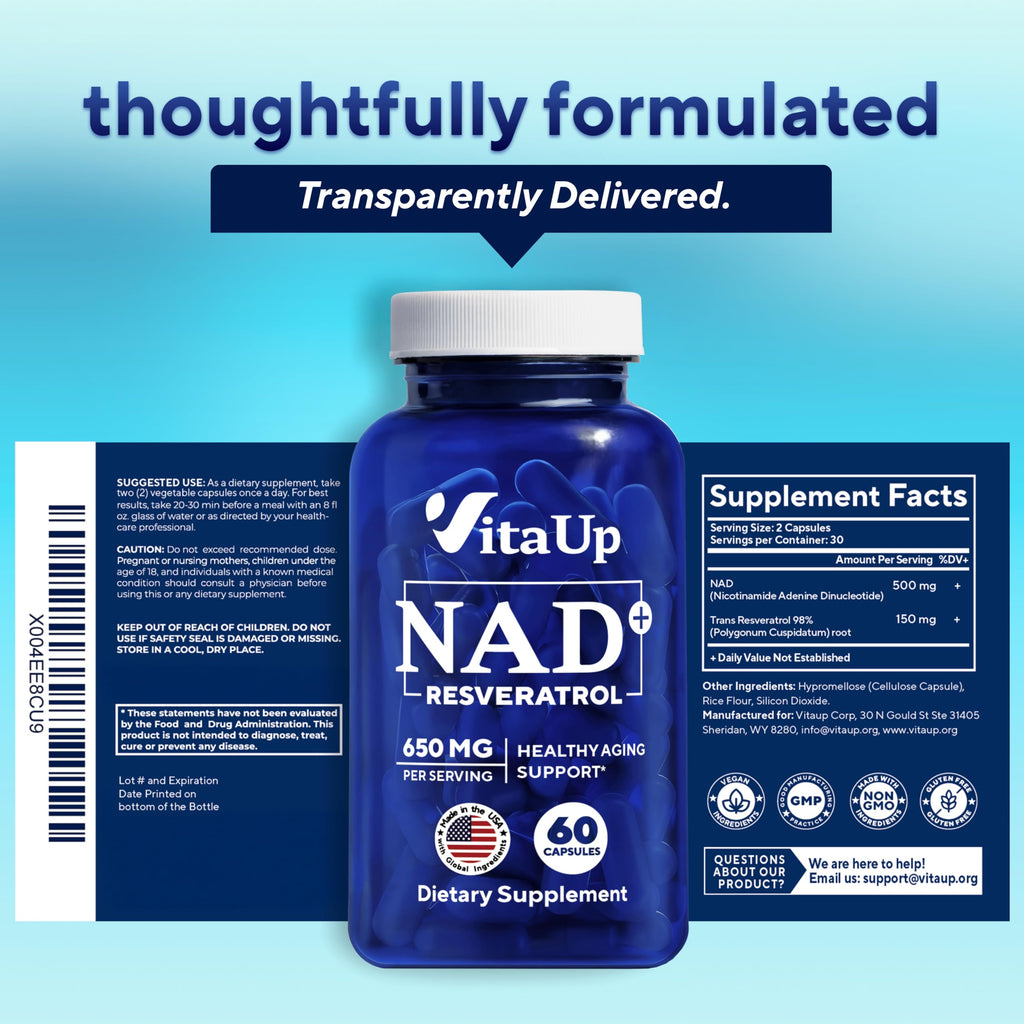 VitaUp NAD+ Resveratrol Supplement - USA Made Trans Resveratrol NAD Supplement 650mg - Nicotinamide Adenine Dinucleotide Capsules for Healthy Aging, Energy & Focus Support - 60 Count VitaUp Au supplements
