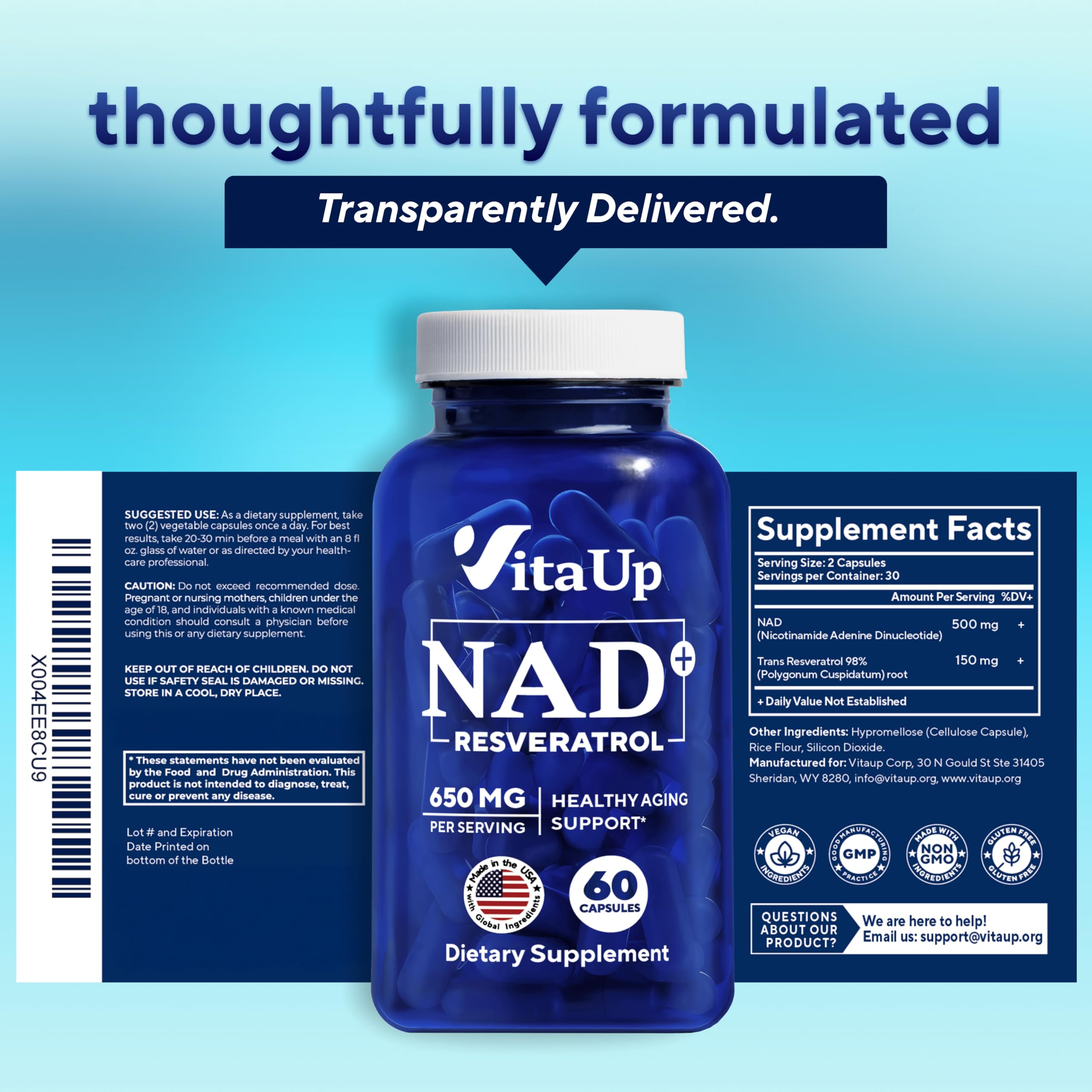 VitaUp NAD+ Resveratrol Supplement - USA Made Trans Resveratrol NAD Supplement 650mg - Nicotinamide Adenine Dinucleotide Capsules for Healthy Aging, Energy & Focus Support - 60 Count VitaUp Au supplements