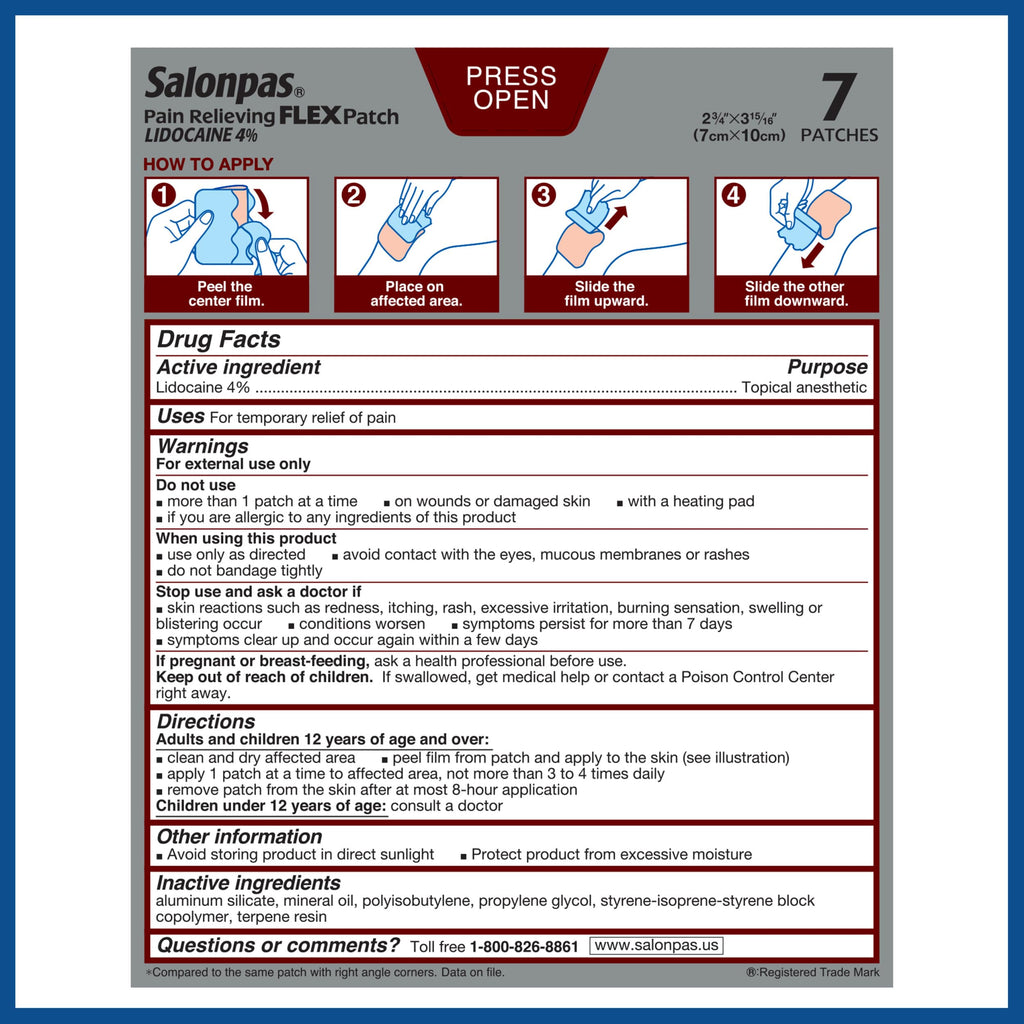 Salonpas Maximum OTC Strength Lidocaine 4% Pain Relieving Flex Patch, Apply for Up to 8 Hours, Unscented, Thin, Flexible, Lightweight, Patch Stays in Place, 7 Patches Salonpas Au supplements