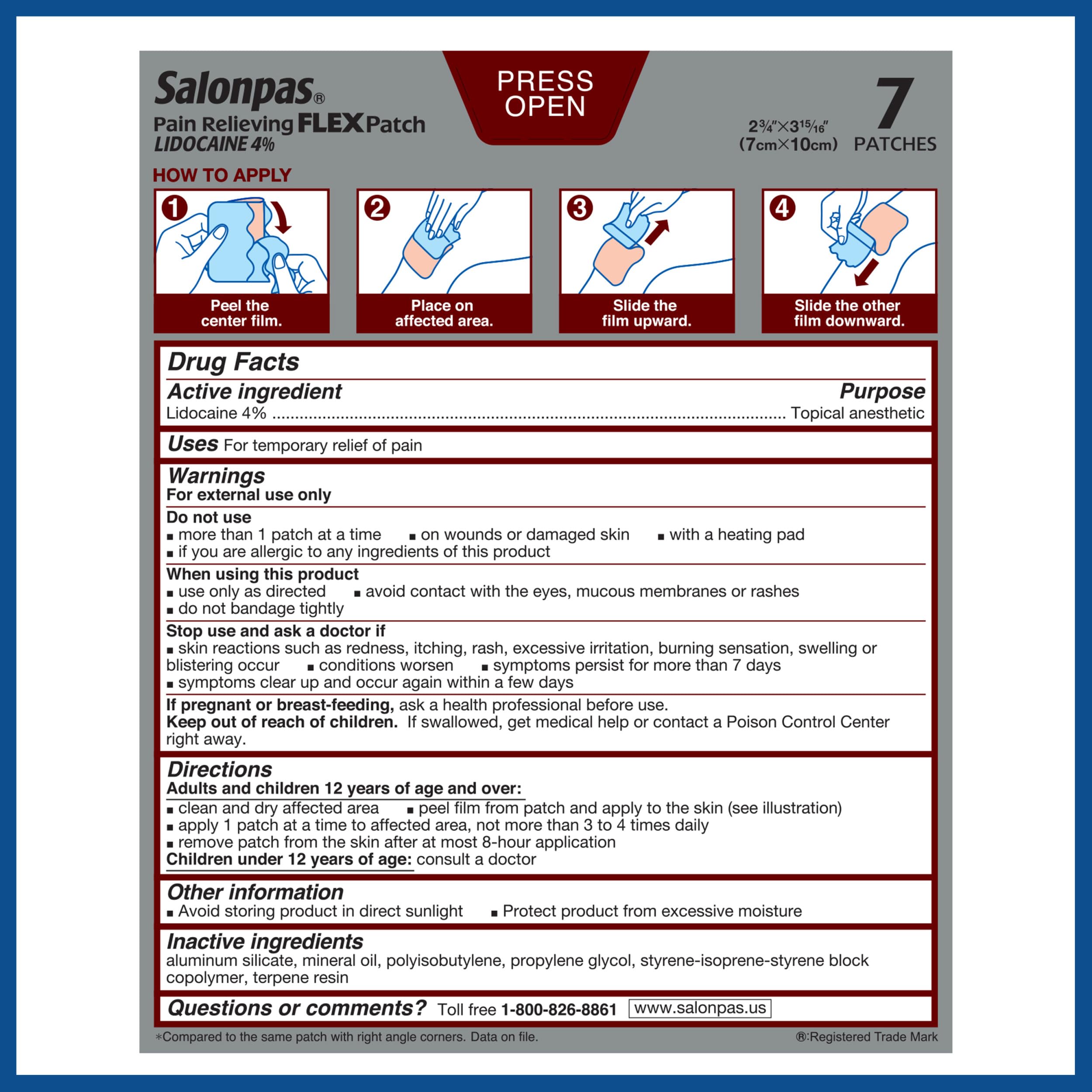 Salonpas Maximum OTC Strength Lidocaine 4% Pain Relieving Flex Patch, Apply for Up to 8 Hours, Unscented, Thin, Flexible, Lightweight, Patch Stays in Place, 7 Patches Salonpas Au supplements