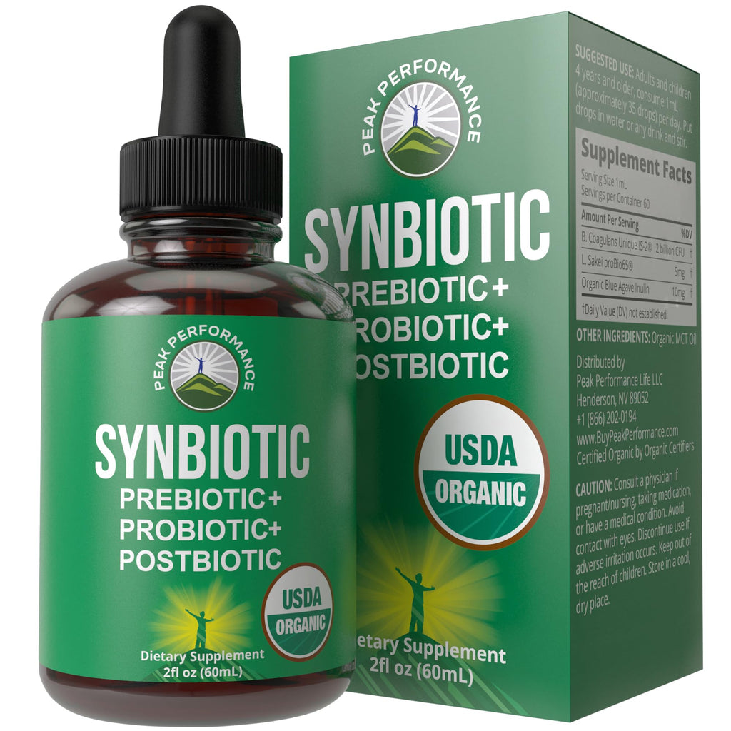 Organic Synbiotic = Prebiotics + Probiotics + Postbiotics 3-in-1 Supplement for Women, Men, & Kids. Pre, Pro, & Post Biotics Liquid Drops for Gut + Microbiome Balance. Made in USA, Vegan, Zero Sugar Peak Performance Au supplements