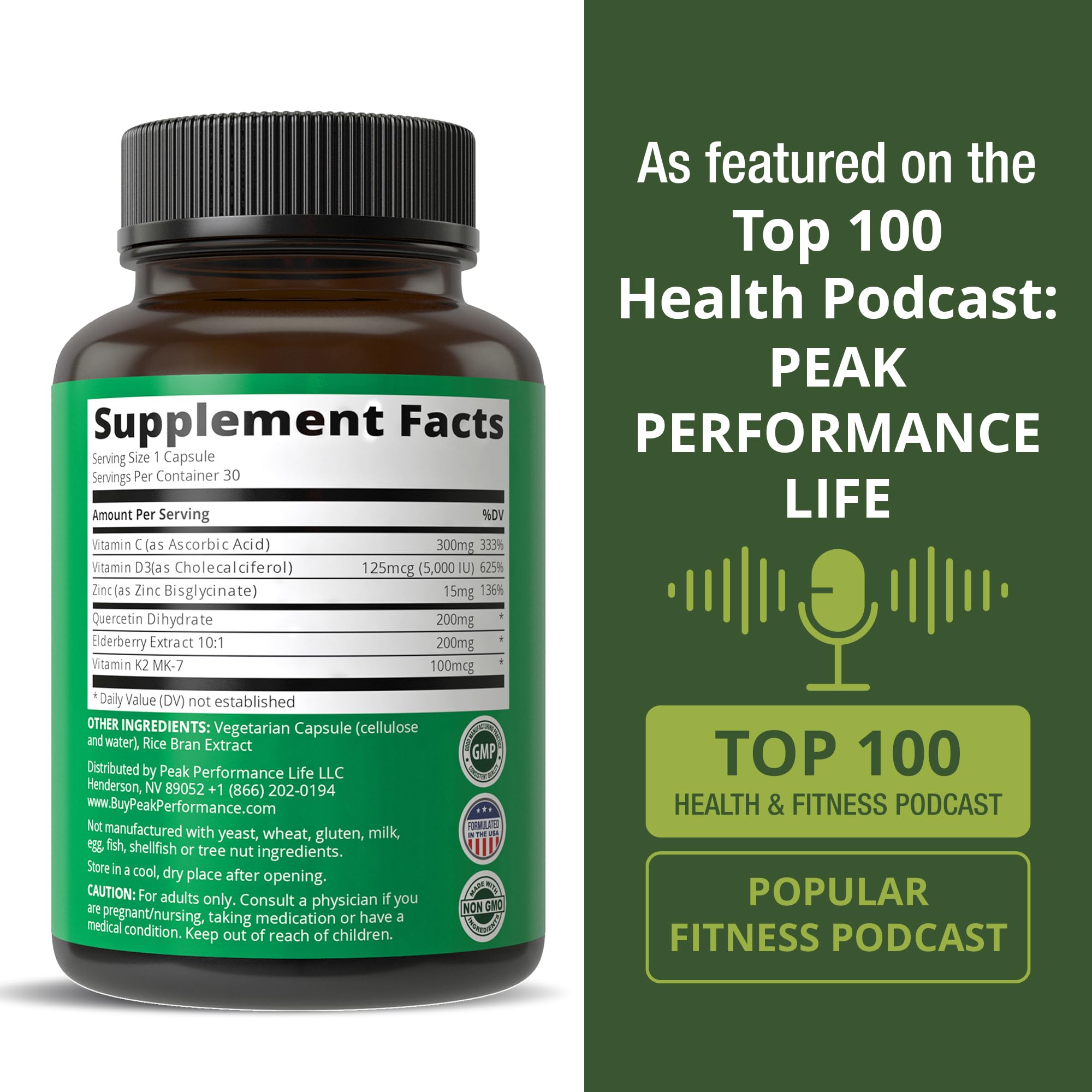 Immune Support Supplement with 6 Top Ingredients. Vitamin D3 K2 + Vitamin C + Elderberry + Zinc + Quercetin. Includes 5000 IU Vitamin D. Immunity Capsules. Supplements for Women and Men Peak Performance Au supplements