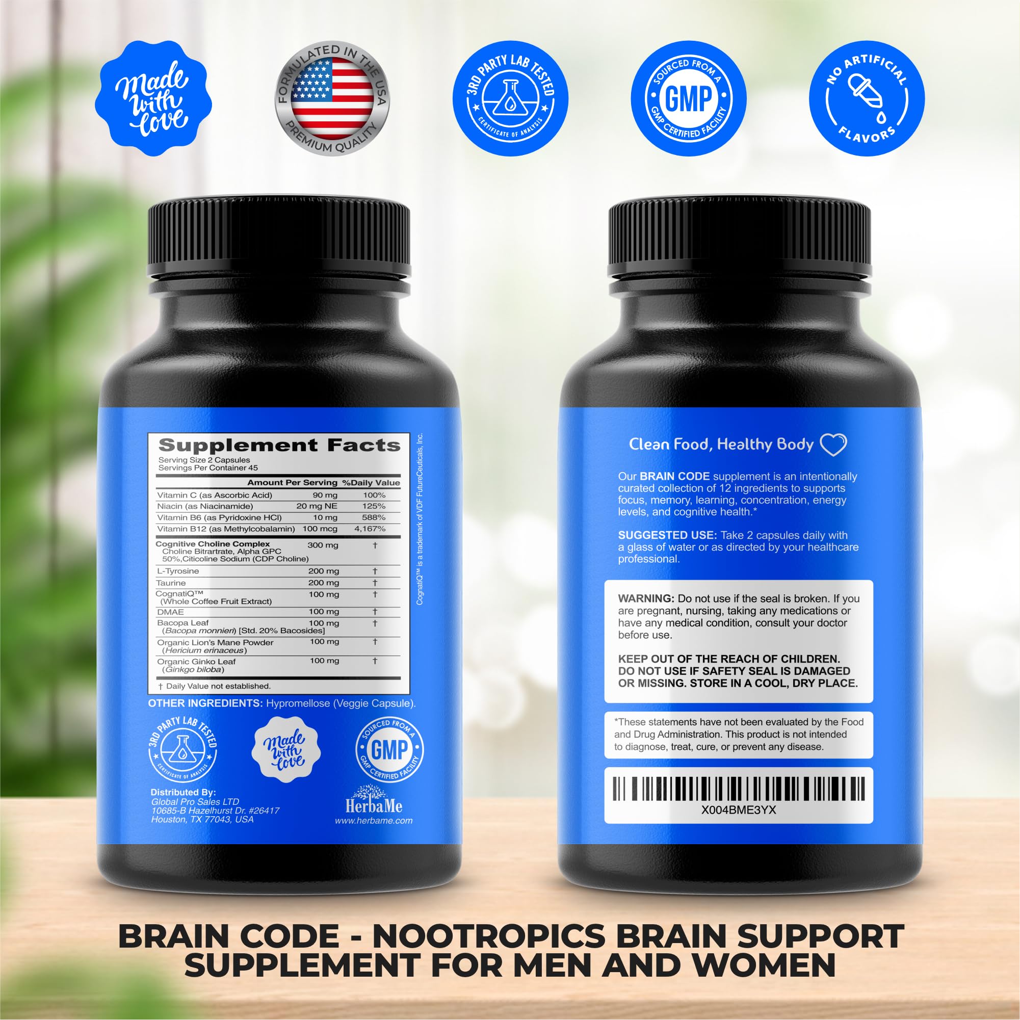 HerbaMe Brain Code Nootropic Brain Supplement for Memory and Focus | Supports Cognitive Health & Mental Clarity, Enhance Concentration | 90 Capsules HerbaMe Au supplements