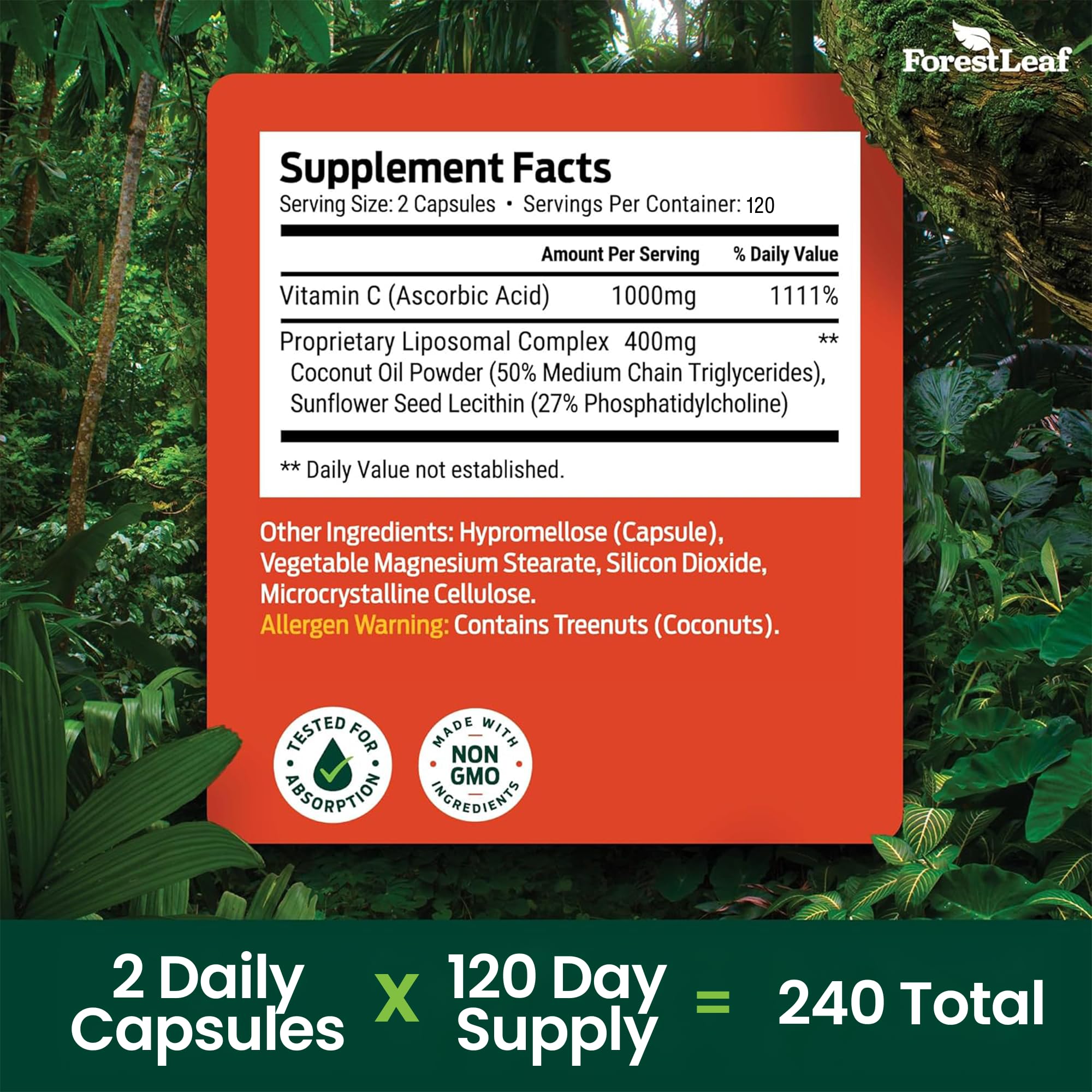 ForestLeaf Liposomal Vitamin C 1400mg Capsules | High Dose Vitamin C Liposomal Supplement w Coconut Oil Fatty Acids | Fast Absorption | Immune Support, Antioxidant,