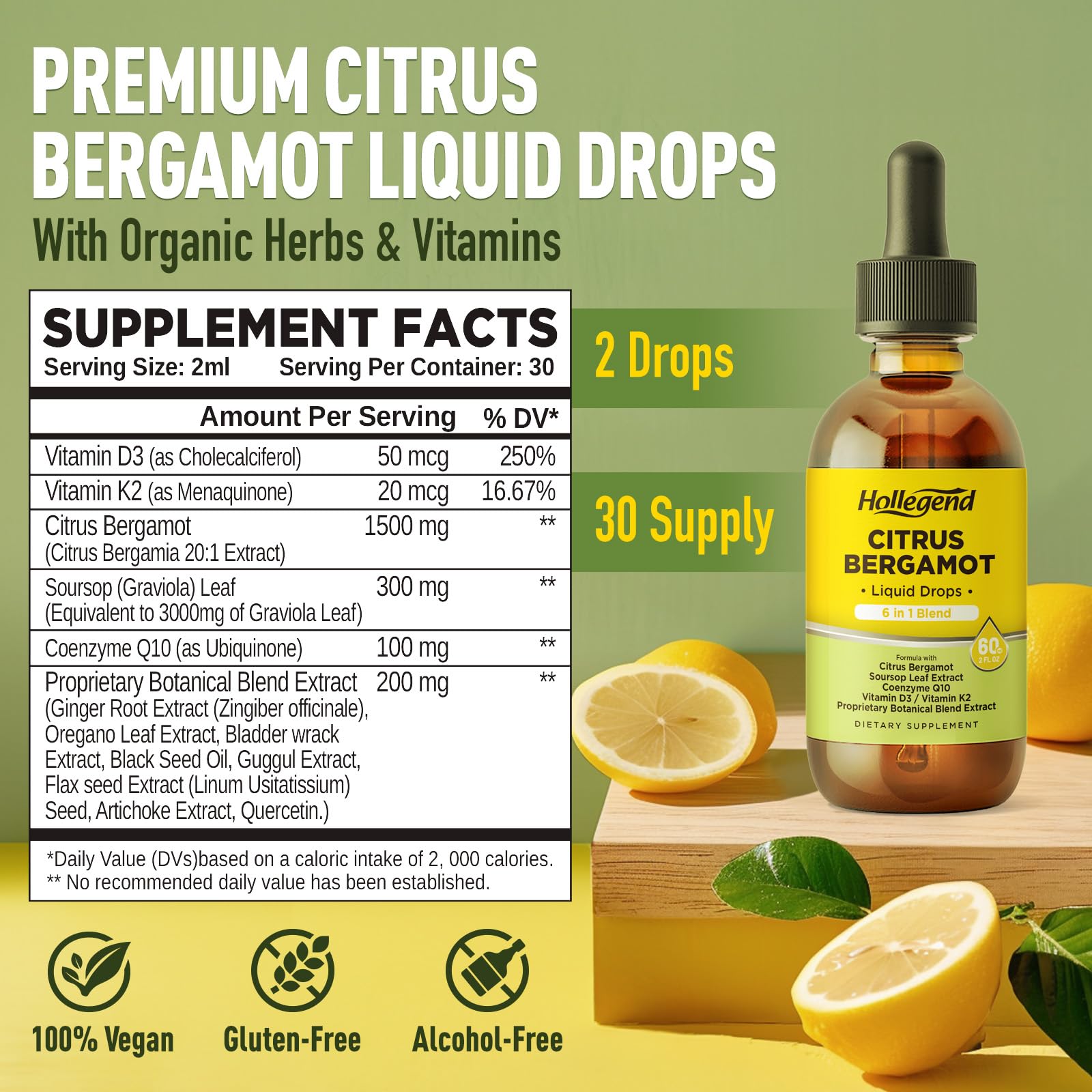 HOLLEGEND Citrus Bergamot Liquid Drops, Organic Citrus Bergamot 1000mg Supplement, Plus Soursop, CoQ10, Vitamin D3, K2,