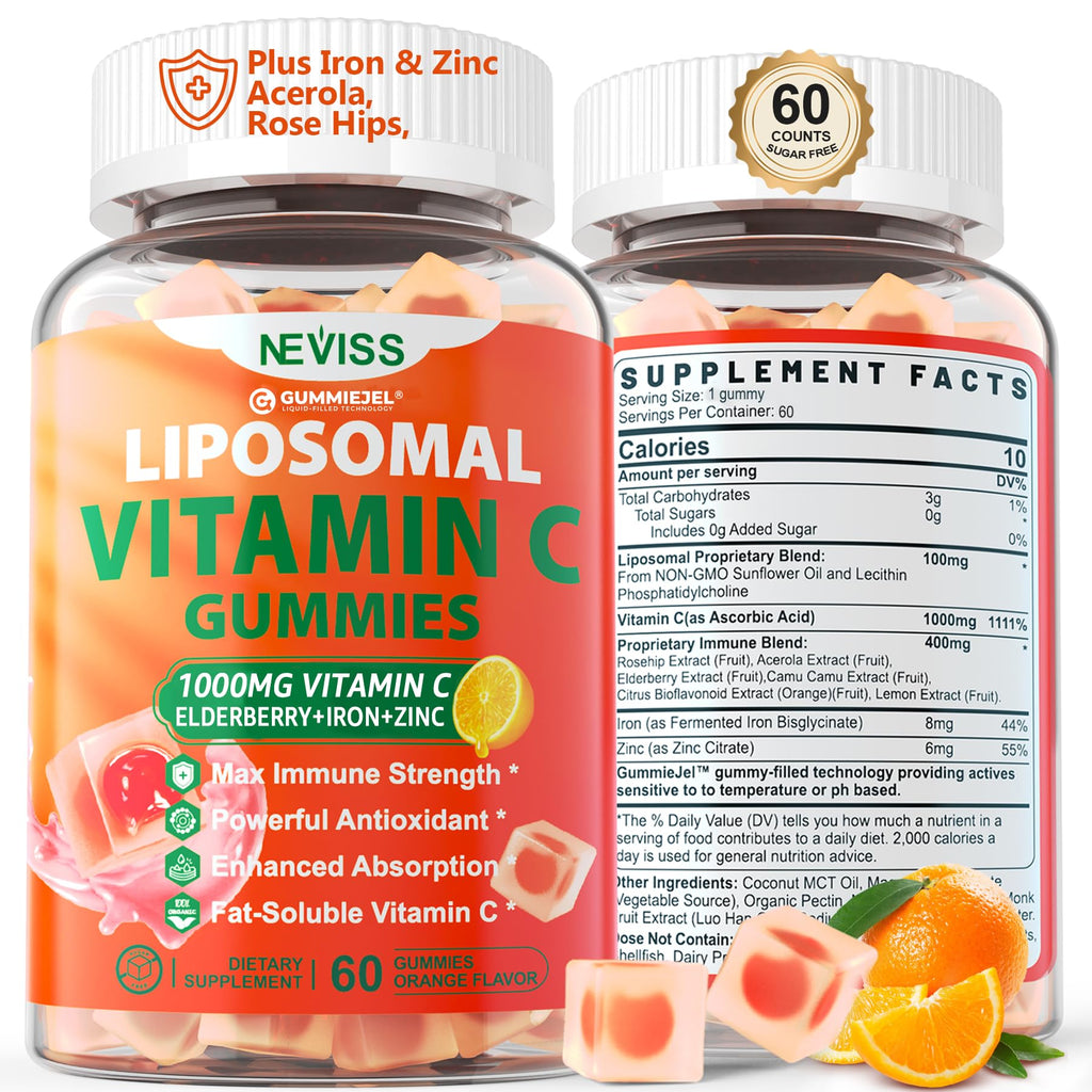 Liposomal Vitamin C 1000mg Gummies for Adults - Vitamin C Chewable with Elderberry, Zinc & 8mg Iron, Sugar Free Vit C Supplements, Daily Immune Support Gummies for Energy
