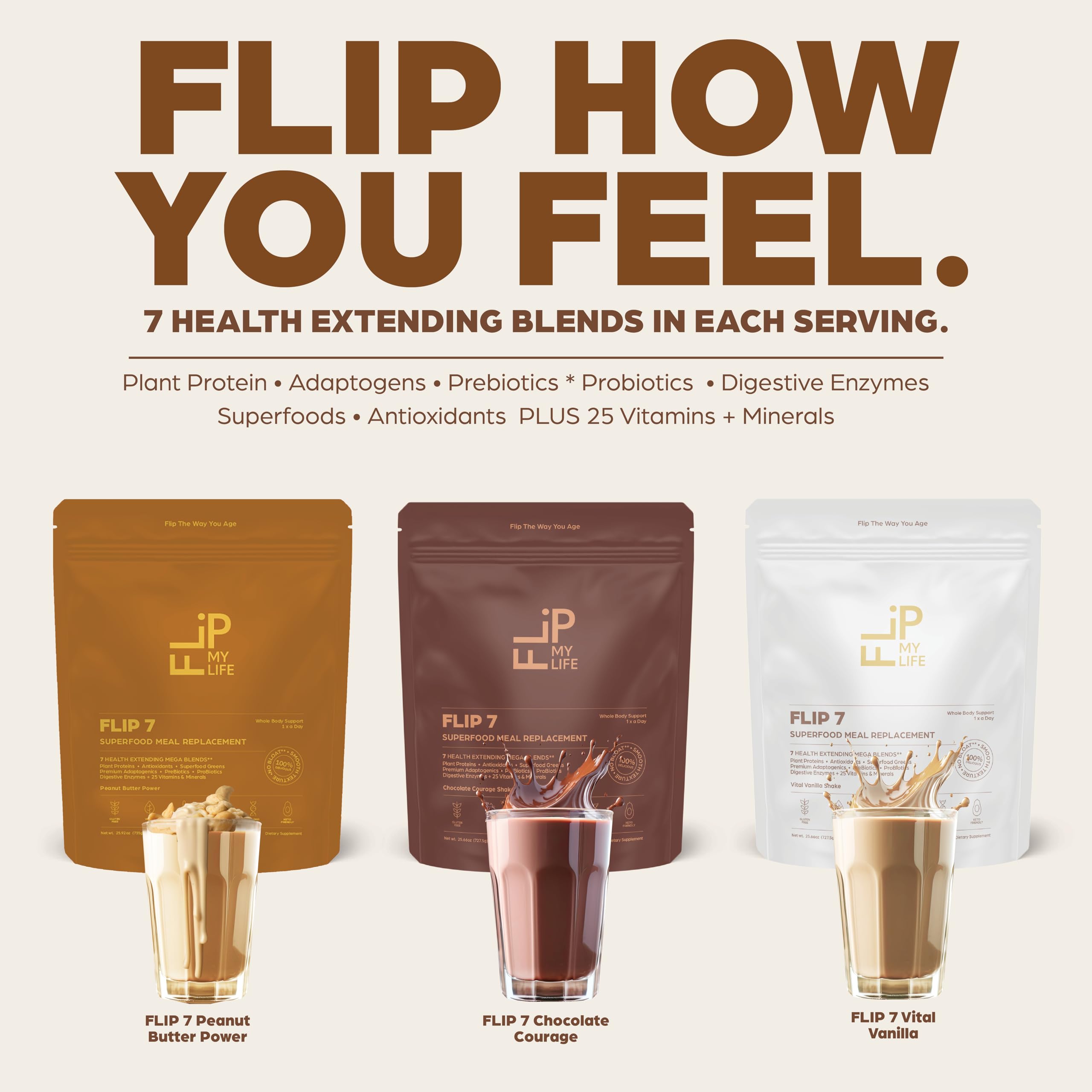 Flip My Life, Flip 7 Natural SuperFood, Plant-Based Protein, Complete Meal Replacement to Support Healthy Gut, 7 Mega Nutrient Rich Blends