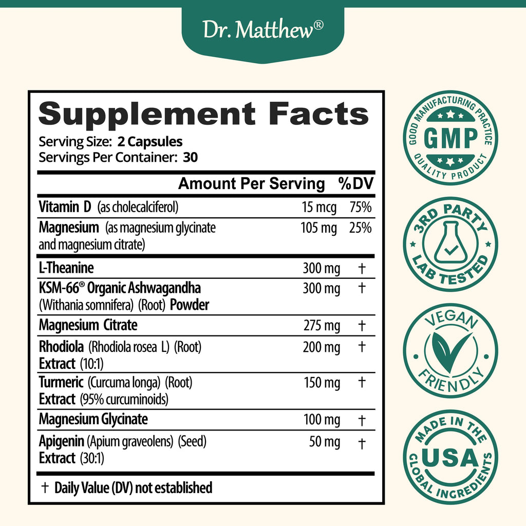 Cortisol Reducer & Adrenal Support Supplement–Natural Stress Relief with Ashwagandha KSM-66, Magnesium Glycinate & Citrate, L-Theanine, Rhodiola, Apigenin, Turmeric & Vitamin D3–Calm Mood & Relaxation Dr. Matthew Au supplements