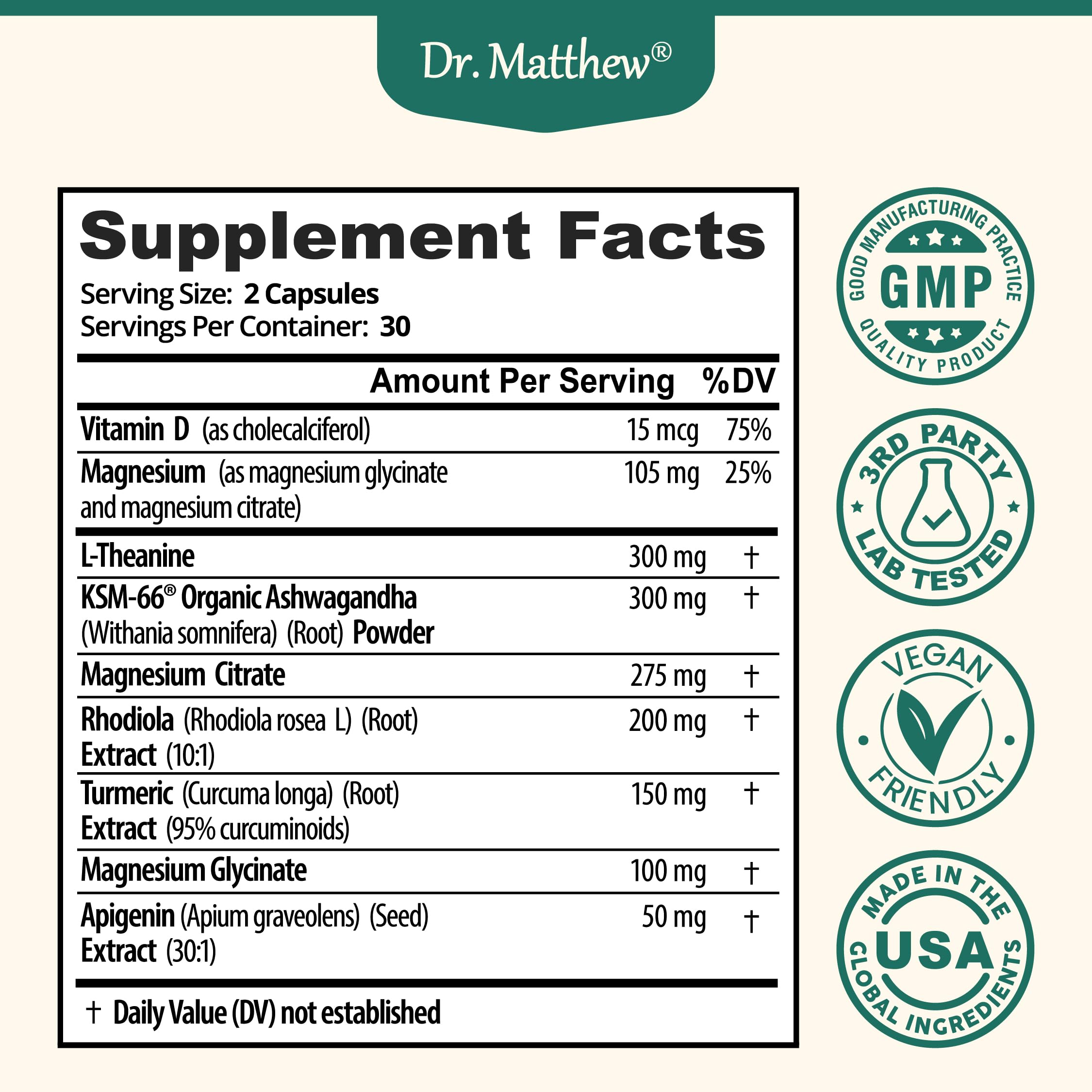 Cortisol Reducer & Adrenal Support Supplement–Natural Stress Relief with Ashwagandha KSM-66, Magnesium Glycinate & Citrate, L-Theanine, Rhodiola, Apigenin, Turmeric & Vitamin D3–Calm Mood & Relaxation Dr. Matthew Au supplements
