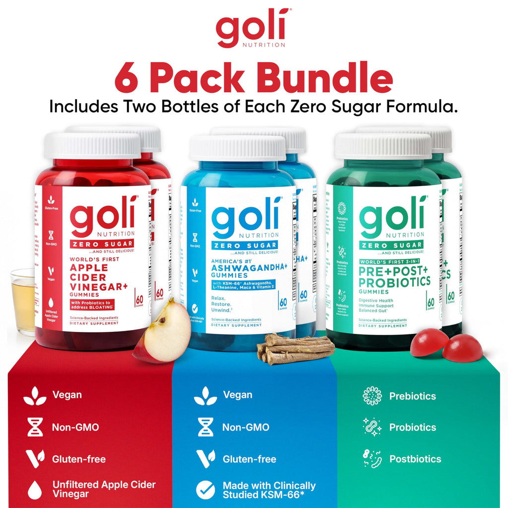 Goli Zero Sugar 6 Pack Bundle - World's First 3-in-1 Pre, Post, Probiotic, Apple Cider Vinegar with Vitamin B12 and Probiotics to Address Bloating, Ashwagandha & L-Theanine, Vitamin D Gummies Goli Au supplements