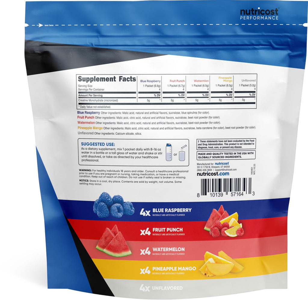 Nutricost Creatine Monohydrate Powder Variety Stickpacks (5 Flavors, 20 Servings) - Micronized, 5 Grams of Creatine Monohydrate Per Pack
