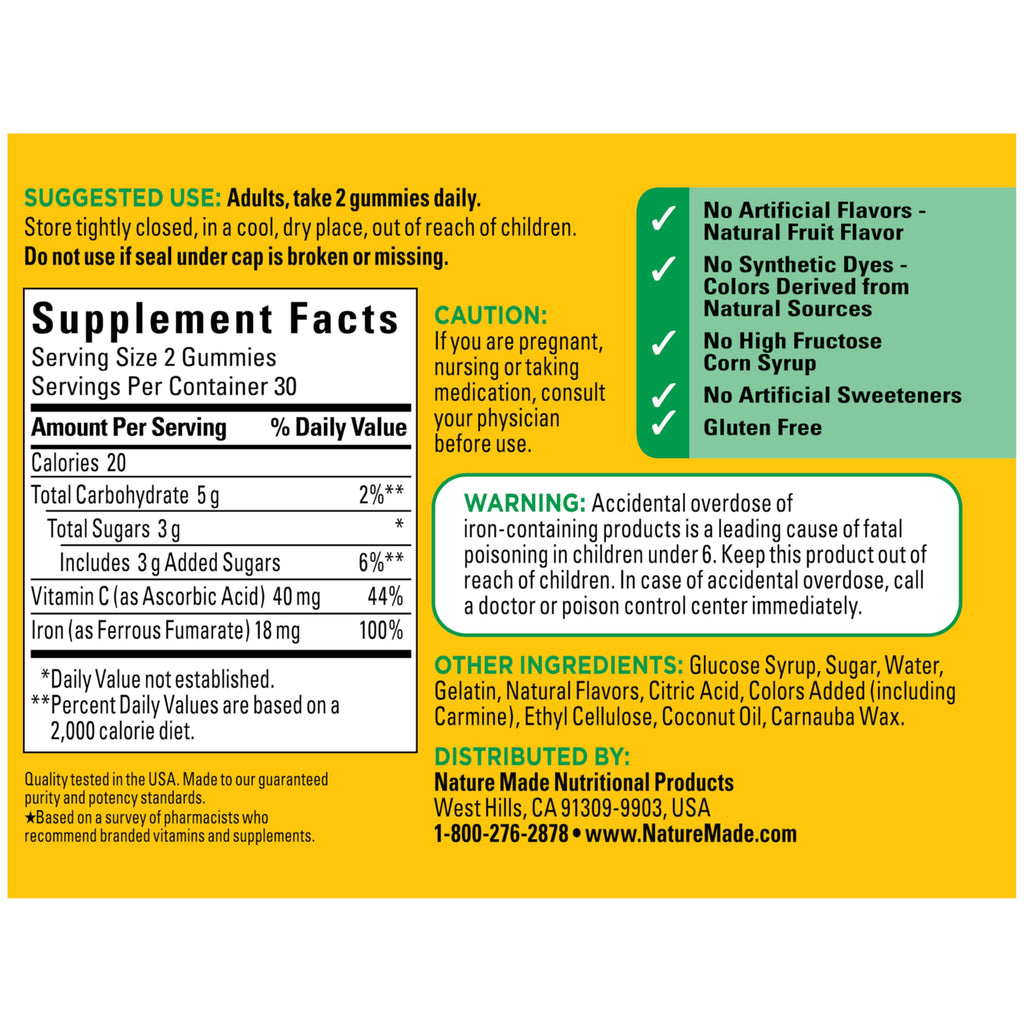 Nature Made Iron 18 mg per serving Gummies with Vitamin C, Iron Supplement for Red Blood Cell Support, 60 Gummies, 30 Day Supply
