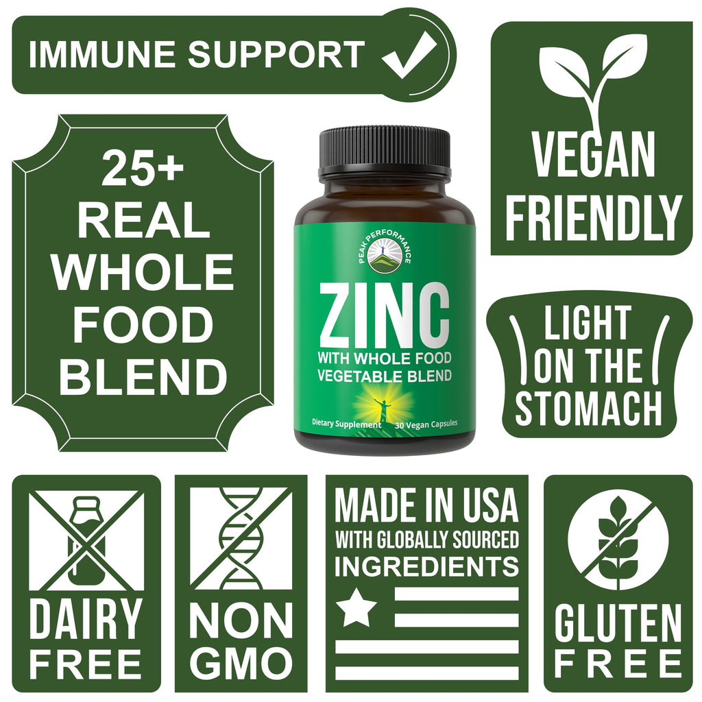 Vegan Zinc Supplement with Vitamin C + Whole Food Blend of 25 Vegetables and Fruits for Max Absorption. Zinc Supplements 30mg Capsules, Pills, Tablets, Vitamins for Adults Both Men and Women Peak Performance Au supplements