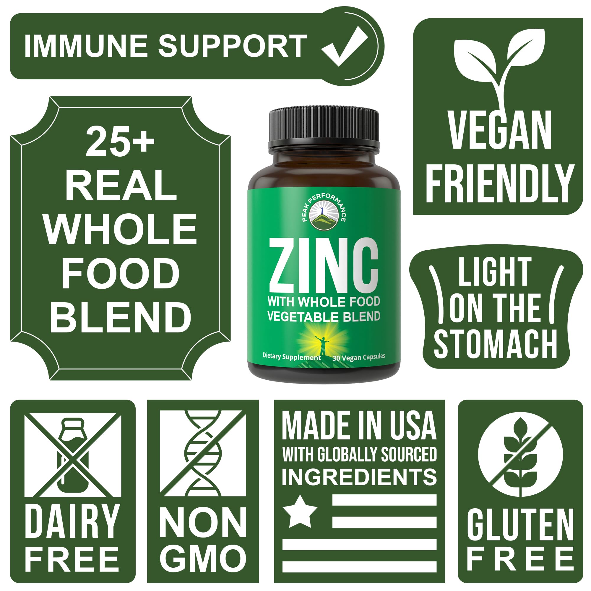 Vegan Zinc Supplement with Vitamin C + Whole Food Blend of 25 Vegetables and Fruits for Max Absorption. Zinc Supplements 30mg Capsules, Pills, Tablets, Vitamins for Adults Both Men and Women Peak Performance Au supplements