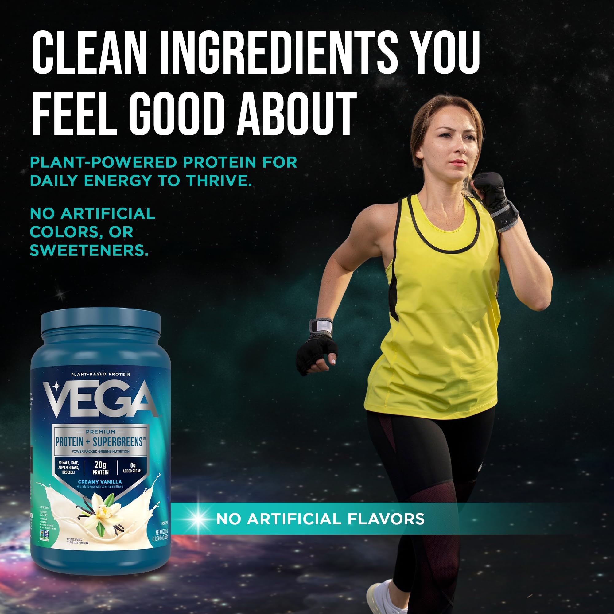 Vega Premium Protein + Supergreens, Creamy Vanilla – 20g Vegan Protein, Dairy & Gluten Free, 26.9 oz (25 Servings)