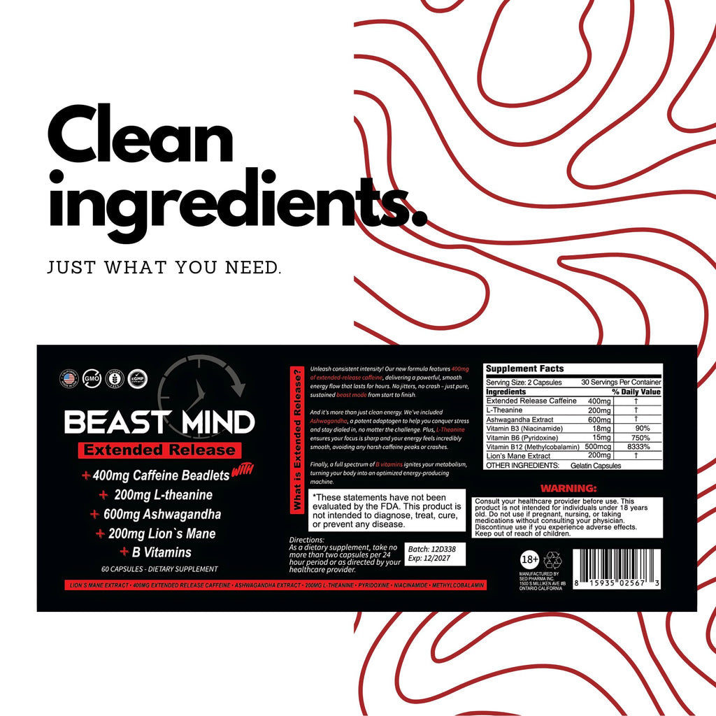 Beast Mind Extended Release Extreme Energy Pills | 400mg XR Caffeine | 600mg Ashwagandha | 200mg Lion's Mane, Increased Energy & Focus, Natural Nootropic Labs Beast Mind Au supplements