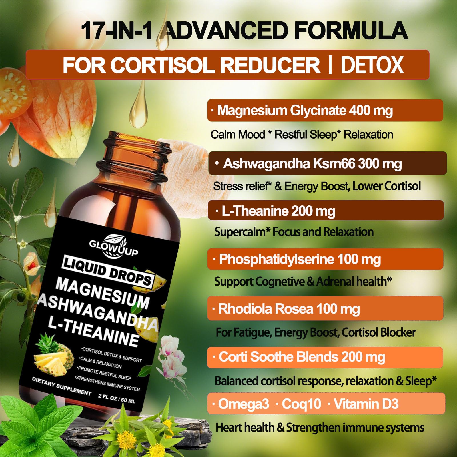 Cortisol Supplements for Women & Men, Cortisol Reducer Manager Detox Liquid Drops Extra Strength Magnesium Glycinate 200mg, L-Theanine & Ashwagandha丨Hormone Balance, Relaxation & Recess Mood GLOVVUUP Au supplements