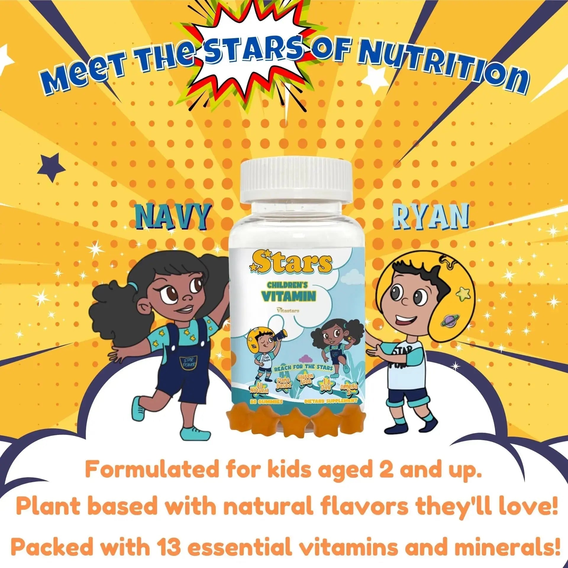 Stars Kids Multivitamin Gummies with Omega 3, Vitamins for Kids with A, B, C, D, Plant Based Multi Vitamins for Children, Manganese Vitastars Au supplements