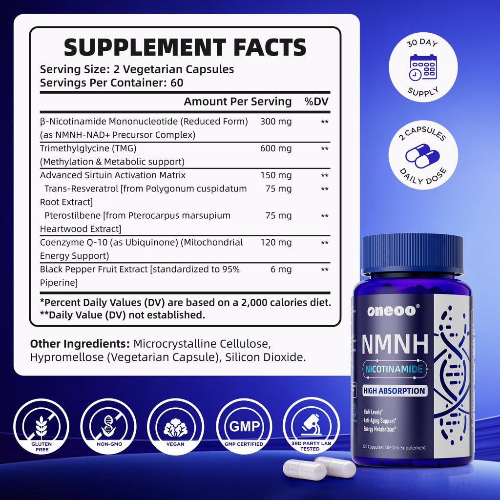 Oneoo NMNH Supplement with NAD Supplement Maximum Potency with Resveratrol & Pterostilbene, CoQ10 & Black Pepper, for Cellular Energy, Anti-Aging Support, Sirtuin Activation & Methylation Support, 120 Oneoo Au supplements