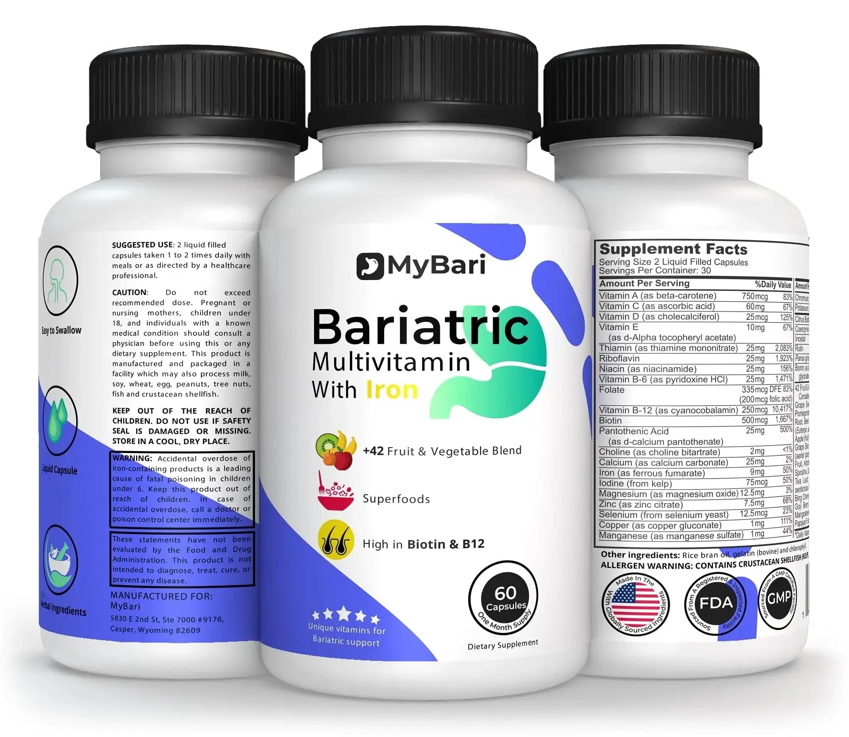MyBari All-in-One Bariatric Multivitamin with Iron - Made in USA - for Men & Women - Supports Gastric Sleeve & Bypass with 42+ Fruit & Veggie Blend - 60 Liquid Capsules MyBari Au supplements