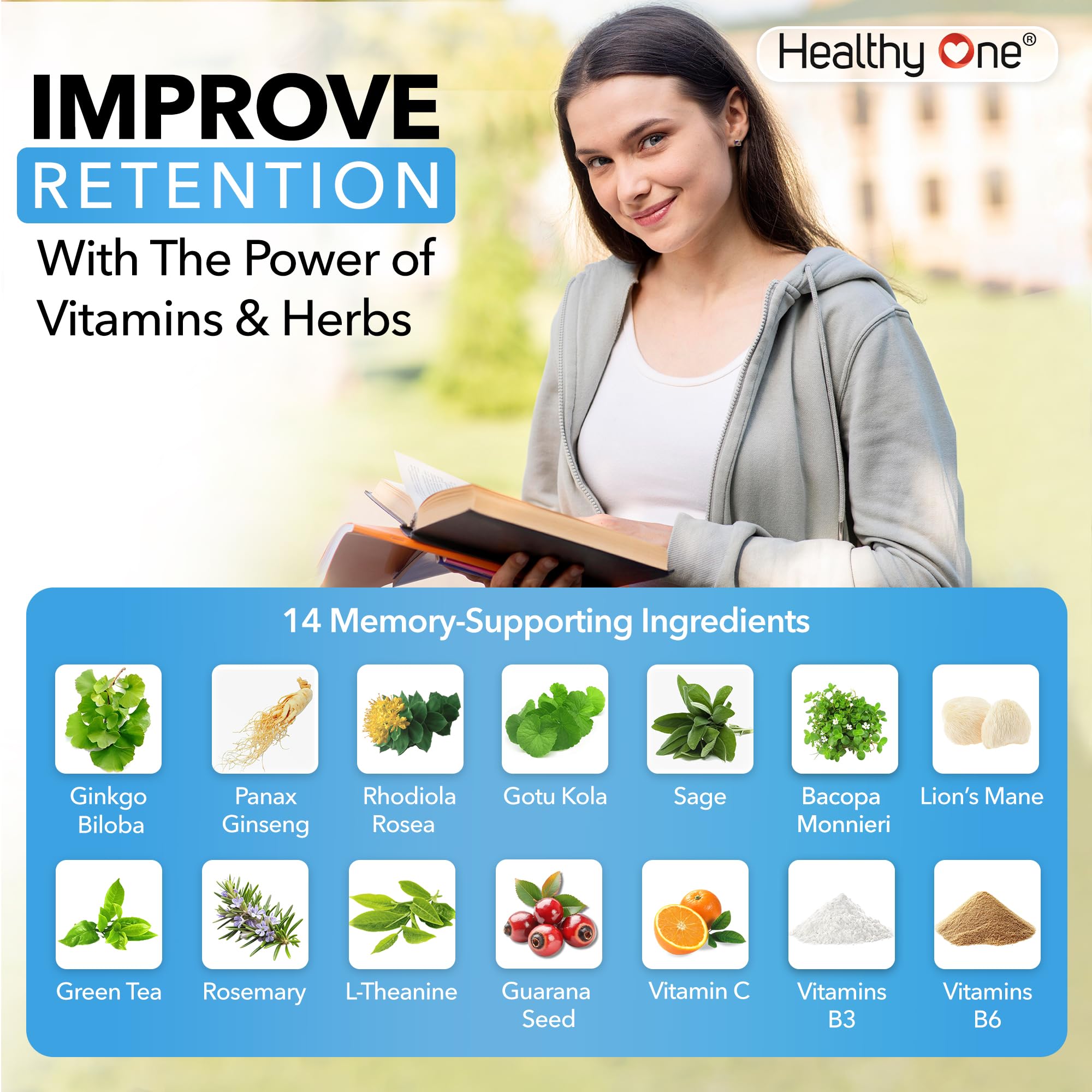 Healthy Mind - Safe for Teens - Brain Fog - Cognitive Function - Concentration - Focus - Neural Optimization - Mood - Ginkgo Biloba - Ginseng - Rhodiola - Bacopa - Gotu Kola - Green Tea - 60 Count Healthy One Au supplements