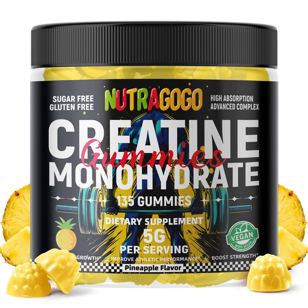 NUTRAGOGO NSF Certified Creatine Gummy - Creatine Monohydrate Gummies for Men & Women-5g of Creatine Monohydrate per Serving - Sugar Free,Vegan, Pineapple Electrolyte Chews, 135 Count