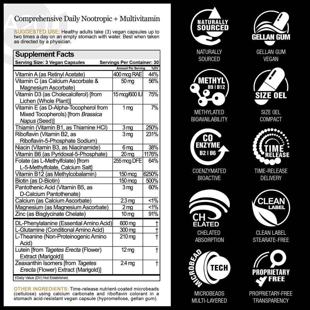 HCF A20 Microbead Brain Health Supplements for Adults for Memory, Focus, Calm, Mood, Alertness, Attention, Vision, Sleep, Immune System, 20 Premium Nootropic Nutrients Multivitamin & 7 Advances® Tech HCF Au supplements