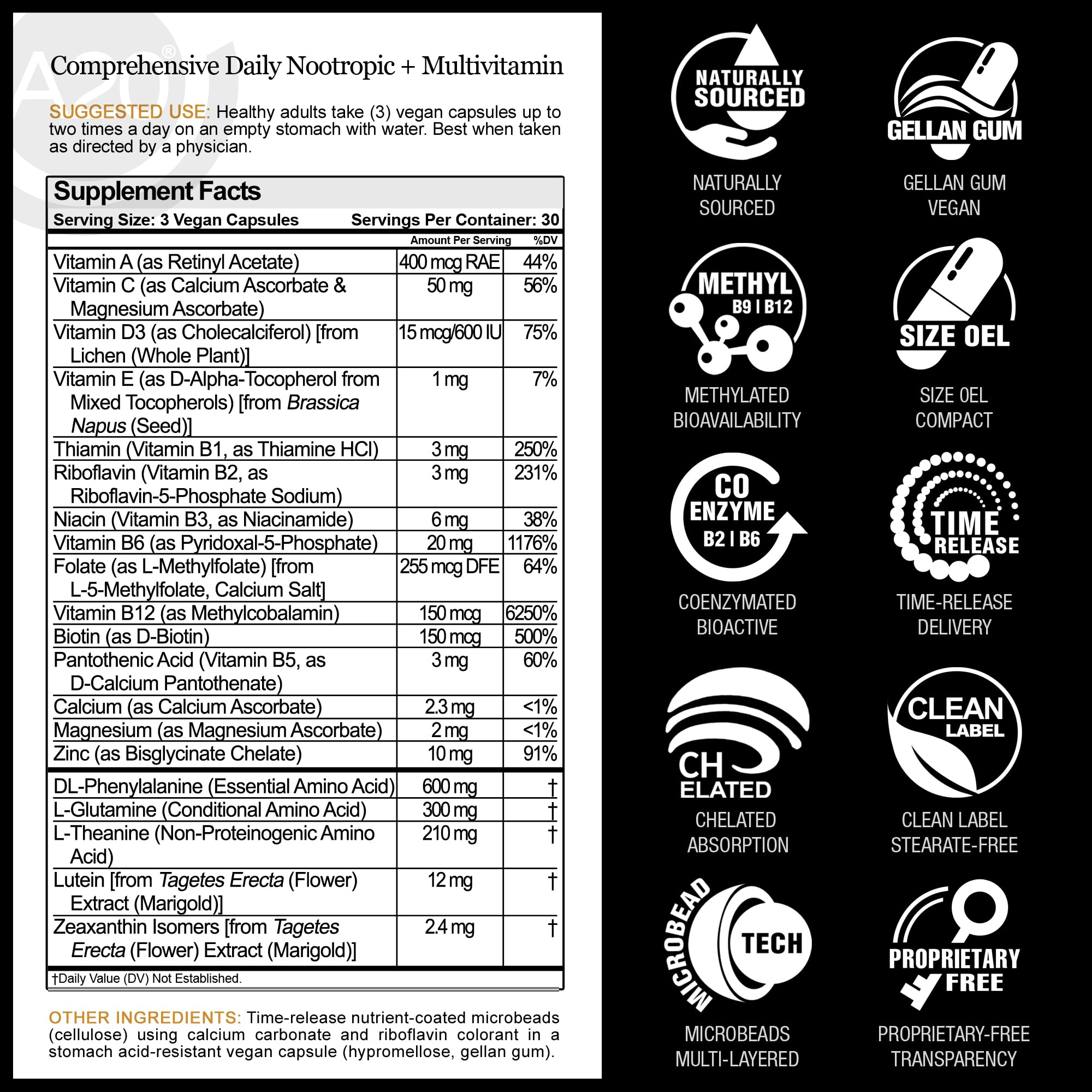 HCF A20 Microbead Brain Health Supplements for Adults for Memory, Focus, Calm, Mood, Alertness, Attention, Vision, Sleep, Immune System, 20 Premium Nootropic Nutrients Multivitamin & 7 Advances® Tech HCF Au supplements