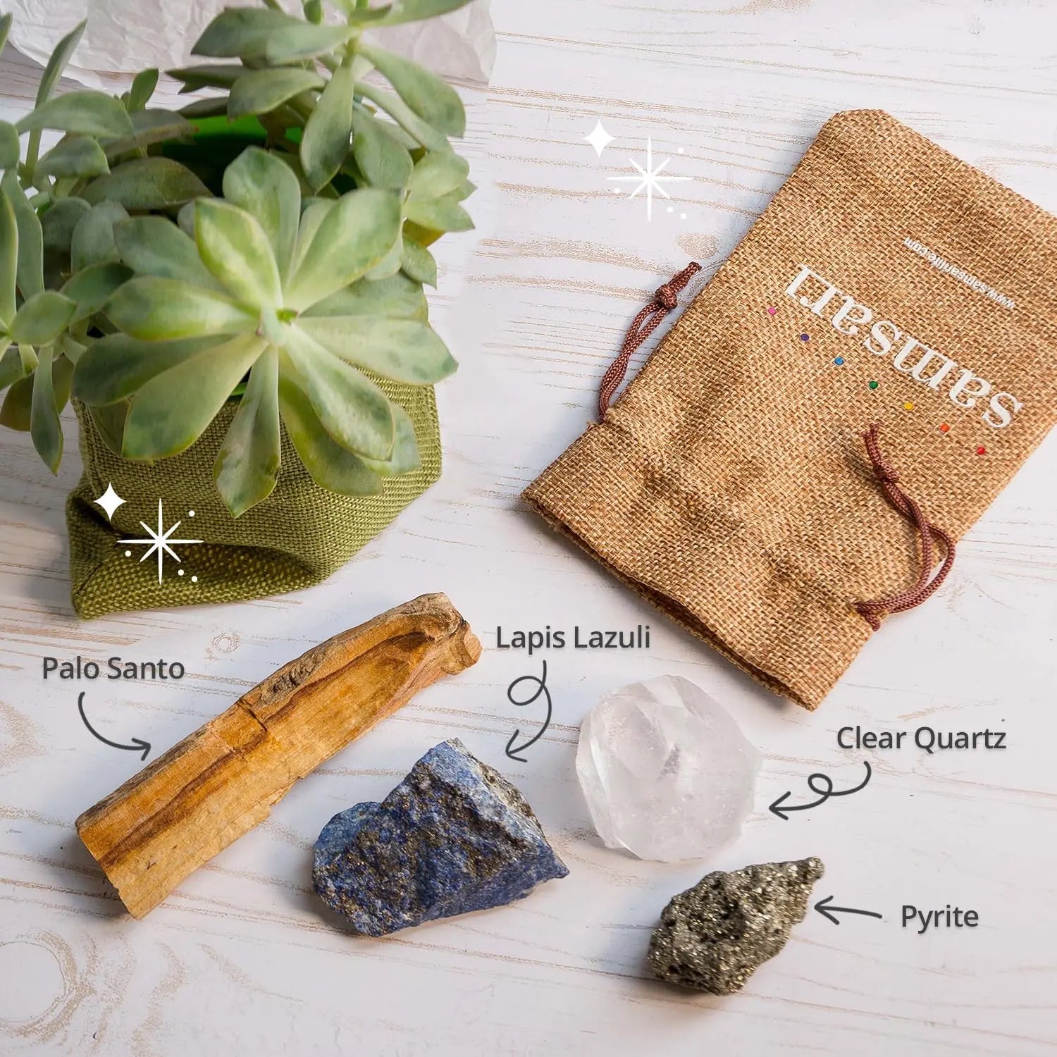 5PCS SAMSARI Abundance XL Crystals Healing Set - (Pyrite, Lapis Lazuli, Clear Quartz), 1 Palo Santo Stick SAMSARI Au supplements