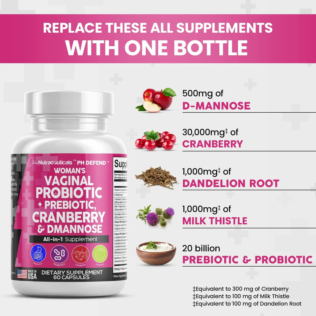 Vaginal Probiotics For Women + Prebiotics 20 Billion Cranberry Pills 30,000mg w/ D-Manno Clean Nutraceuticals Au supplements