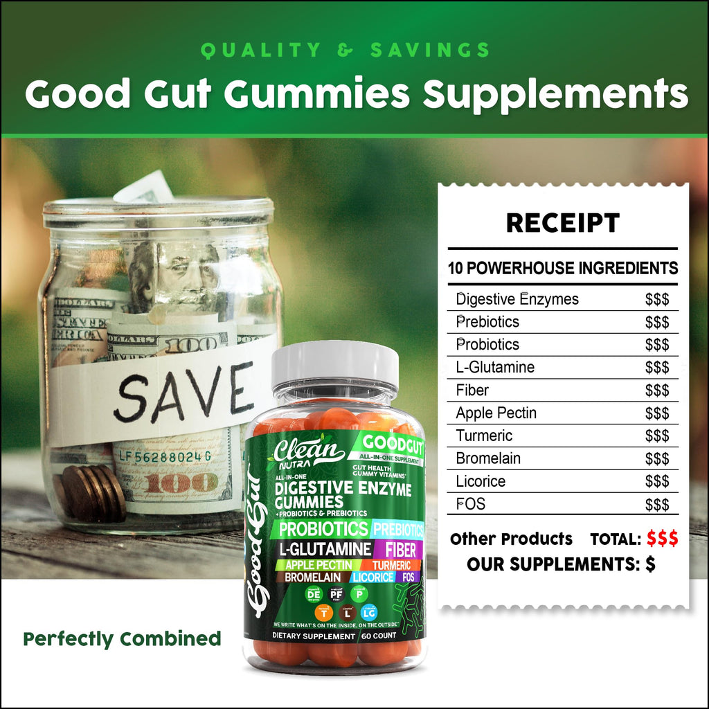 Clean Nutraceuticals Digestive Enzymes with Probiotics & Prebiotics for Digestive Health Gummies & L-Glutamine for Gut Health Bromelain Apple Pectin Inulin FOS Plant