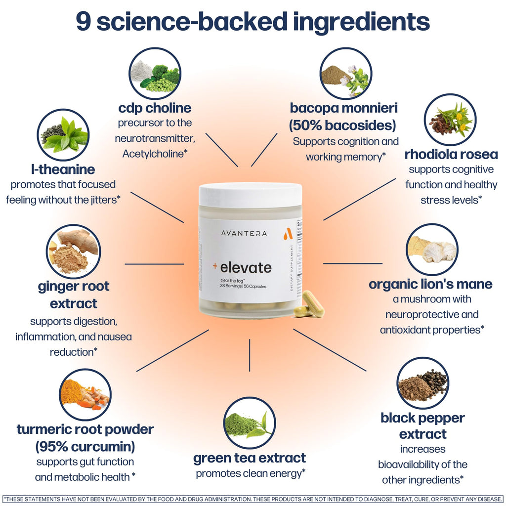 Avantera Elevate Premium Nootropic Supplement - Beat Brain Fog - Best Focus Supplements for Memory & Focus Support - Energy Without Crash
