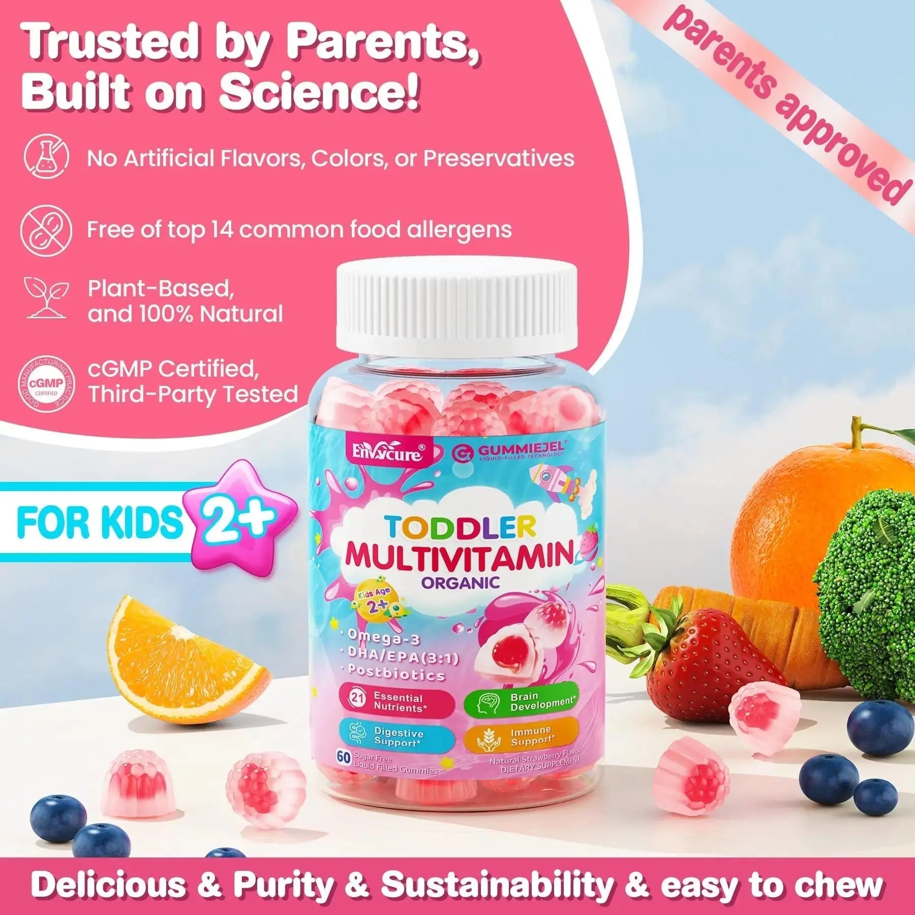 Organic Toddler Multivitamin Gummies + Omega-3 (DHA/EPA), Postbiotics | kids 2+ multivitamin | Vitamins A C D3 Methyl B12 Folate Zinc EnvyCure Au supplements