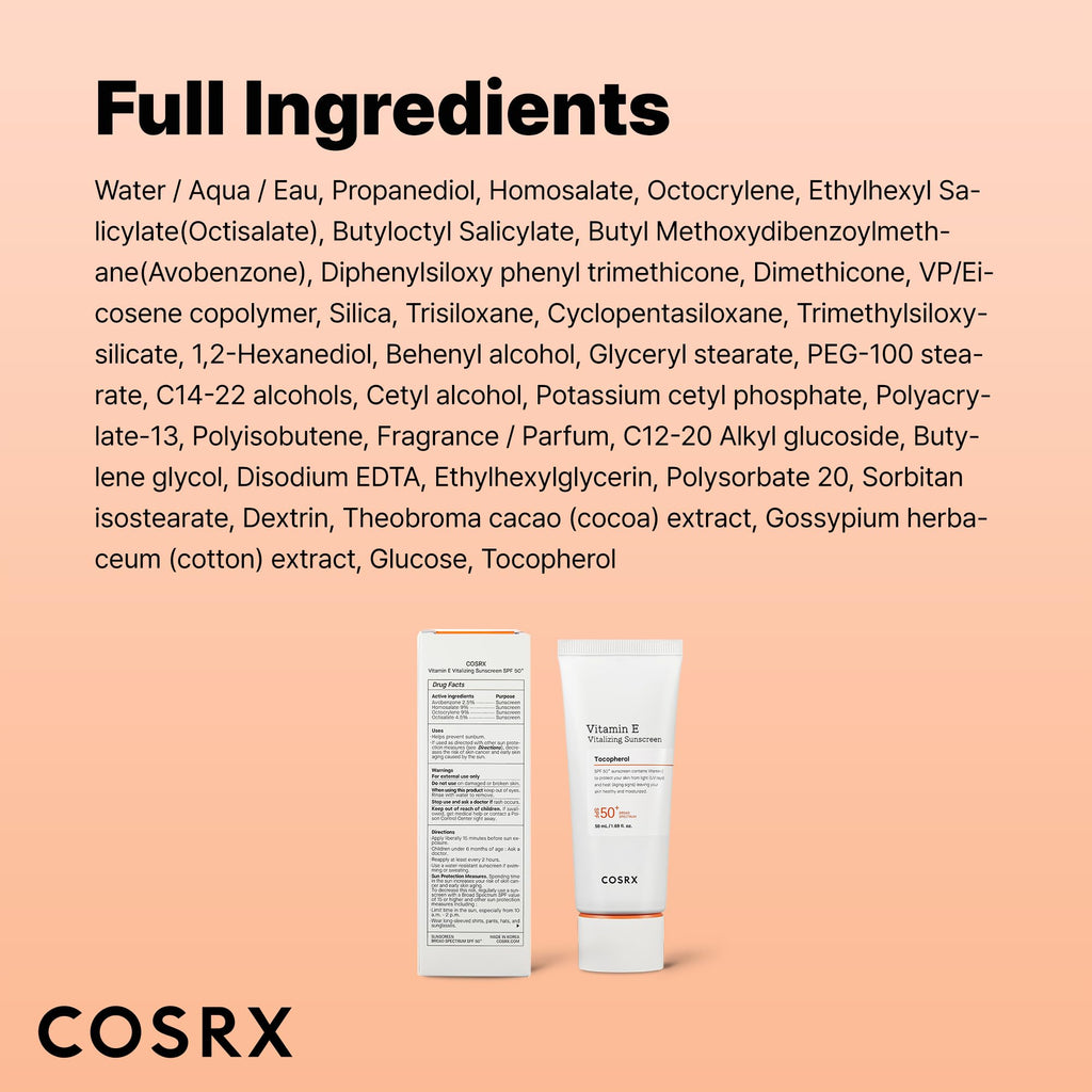 COSRX Vitamin E Vitalizing Sunscreen,SPF 50 Broad Spectrum Face Sunscreen, Lightweight