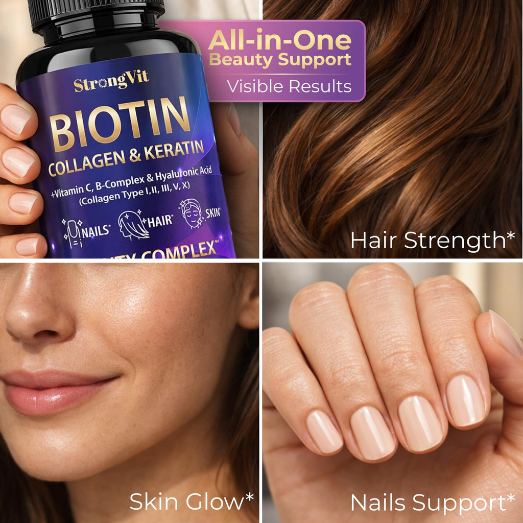StrongVit Biotin with Hyaluronic Acid, Keratin and Collagen Supplements - 10000mcg for Hair Growth Women and Men