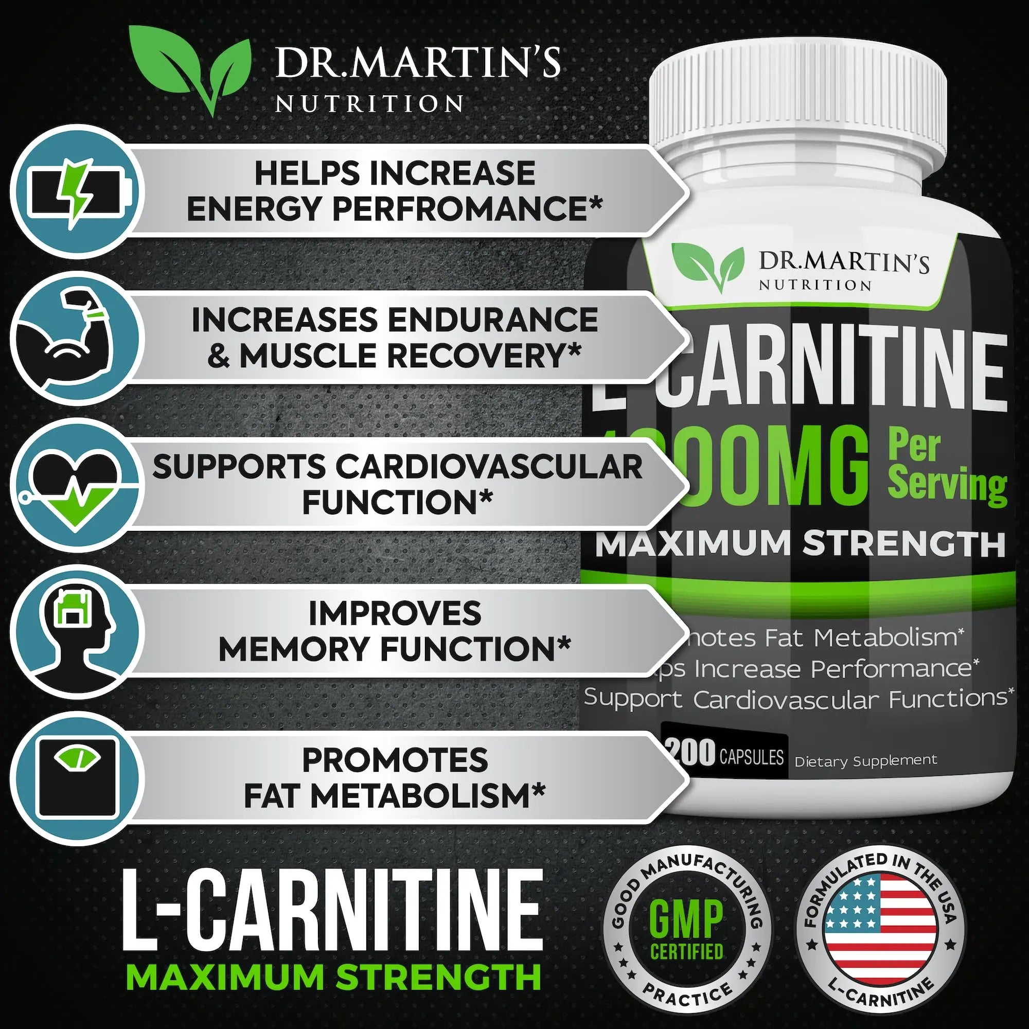 DR. MARTIN'S NUTRITION Extra Strength L-Carnitine - 200 Capsules - 1000mg Per Serving - Boost Your Metabolism and Increase Performance DR. MARTIN'S NUTRITION Au supplements