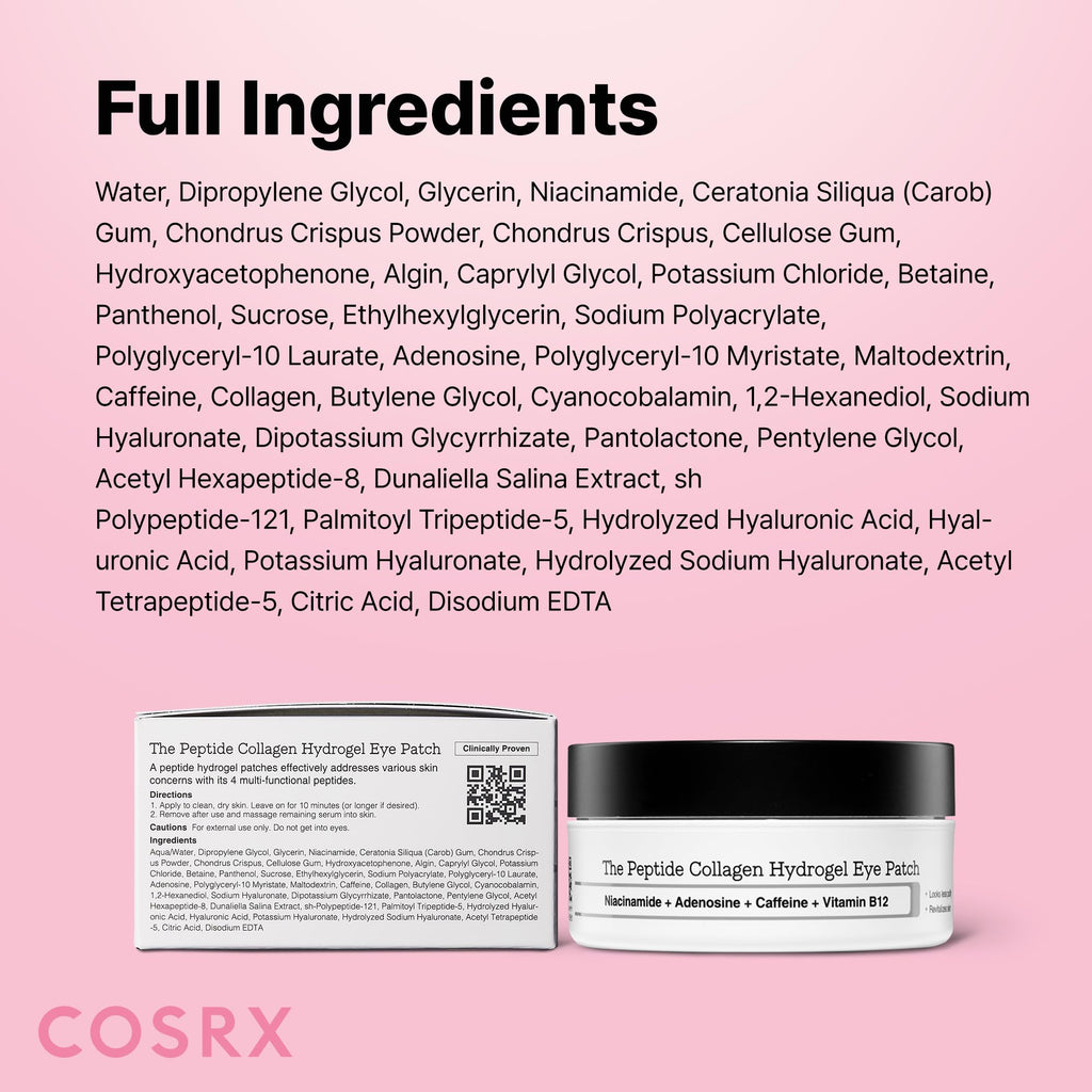 COSRX Pink Peptides Collagen Hydrogel Eye Patch for Puffy Eyes and Dark Circles, Under Eye Mask, 60 Under Eye Patches, Korean Skin Care