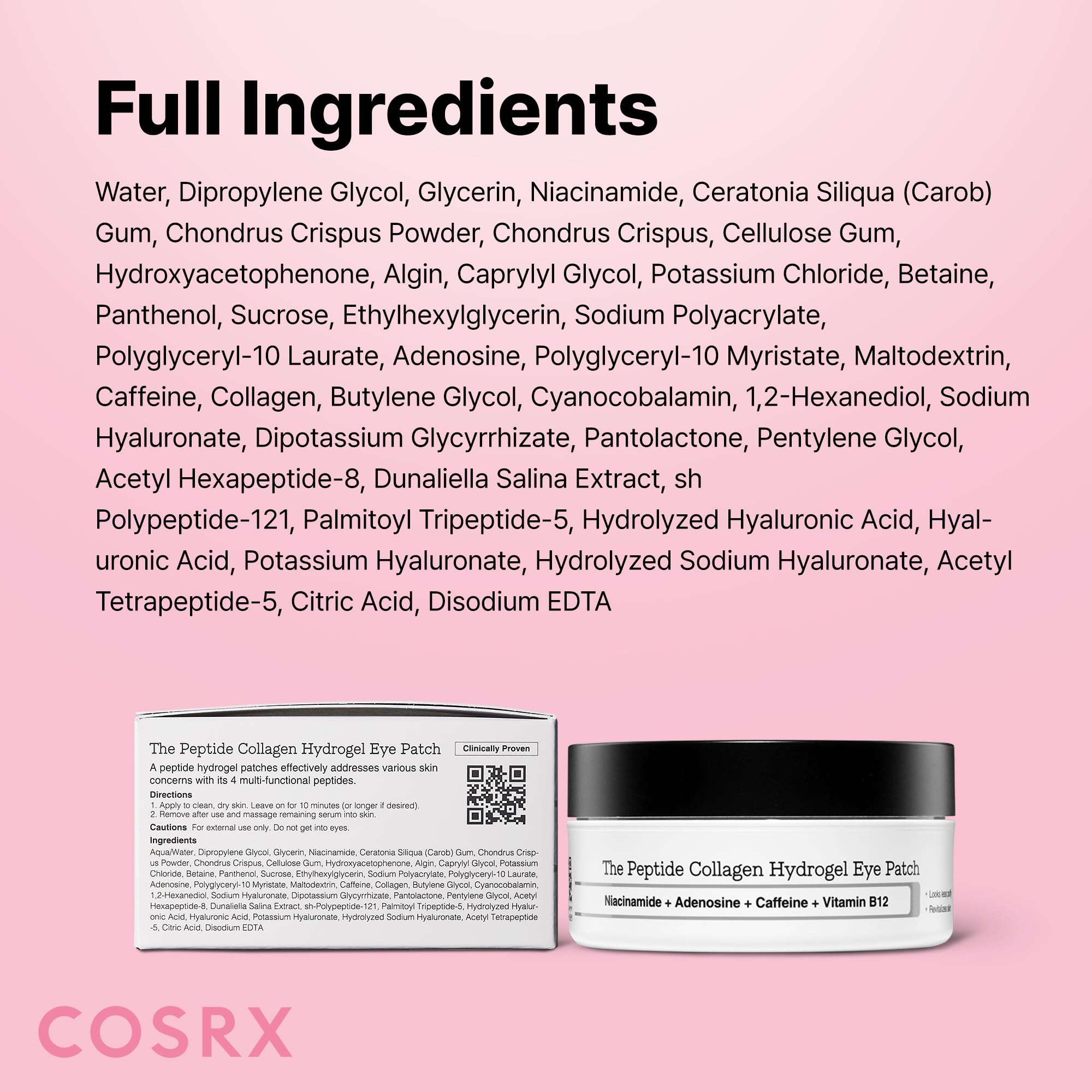 COSRX Pink Peptides Collagen Hydrogel Eye Patch for Puffy Eyes and Dark Circles, Under Eye Mask, 60 Under Eye Patches, Korean Skin Care
