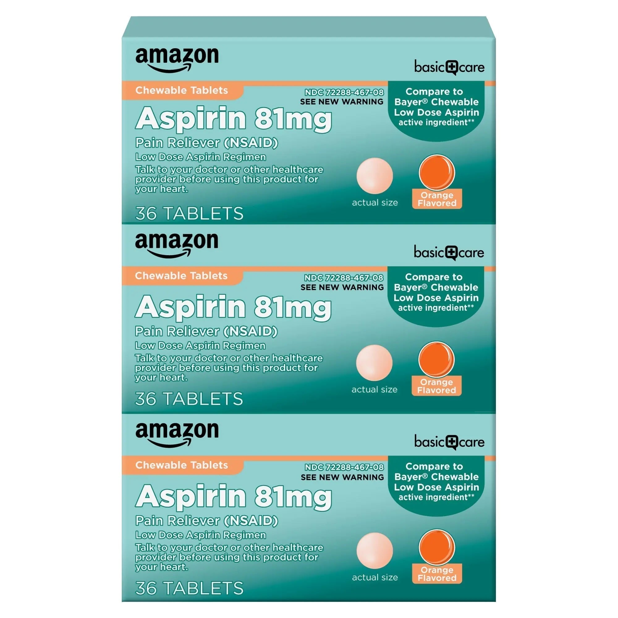 Amazon Basic Care Aspirin 81 mg Pain Reliever (NSAID) Chewable Tablets, Low Dose , Orange Flavor, 36 Count (Pack of 3) Amazon Basic Care Au supplements