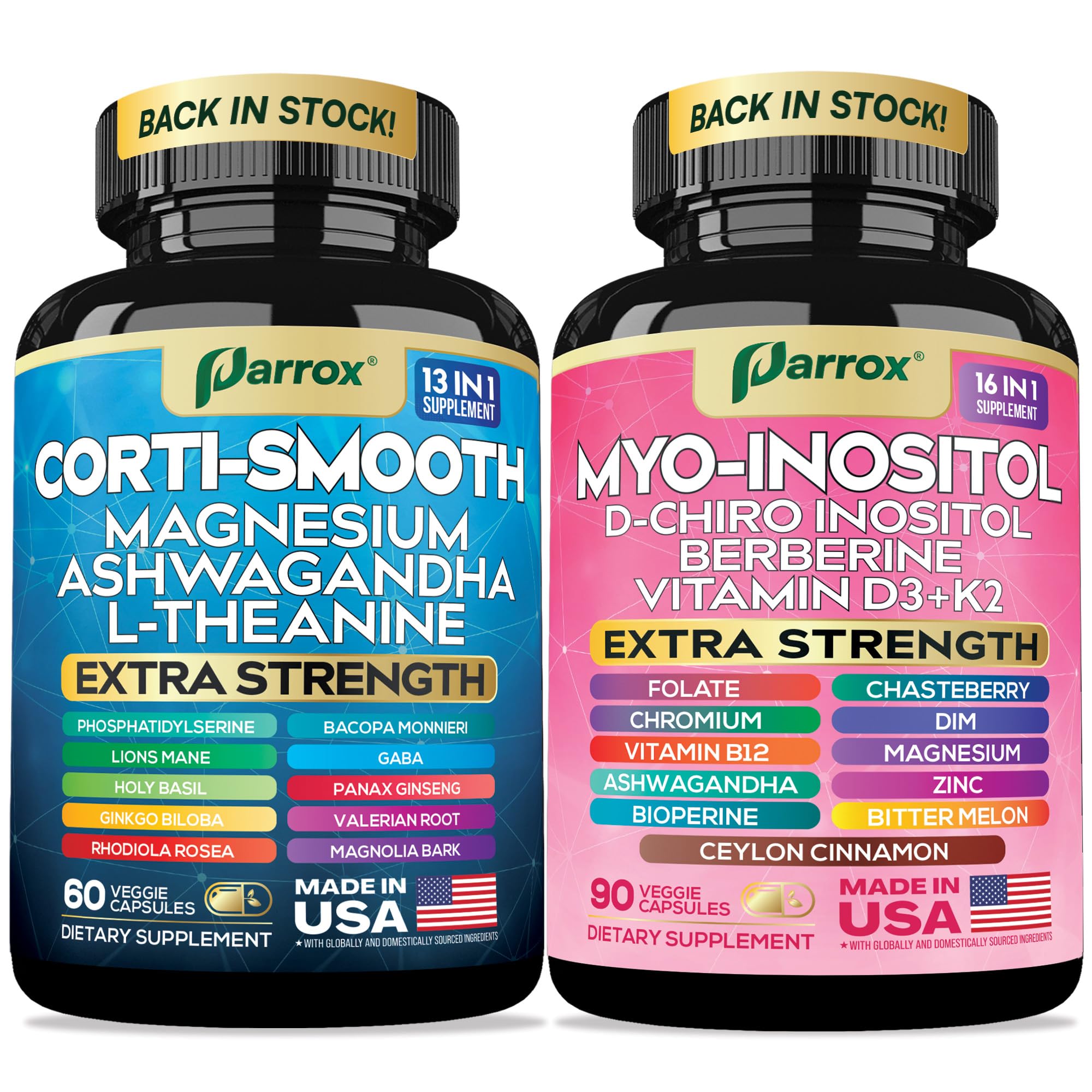 Parrox Cortisol & Myo-Inositol Supplement Bundle, Soothe & Smooth Bundle, 13-in-1 Cortisol Balance, Magnesium, Ashwagandha, L-Theanine, D-Chiro Inositol, Folate, Berberine, Chasteberry (150 Capsules) Parrox Au supplements