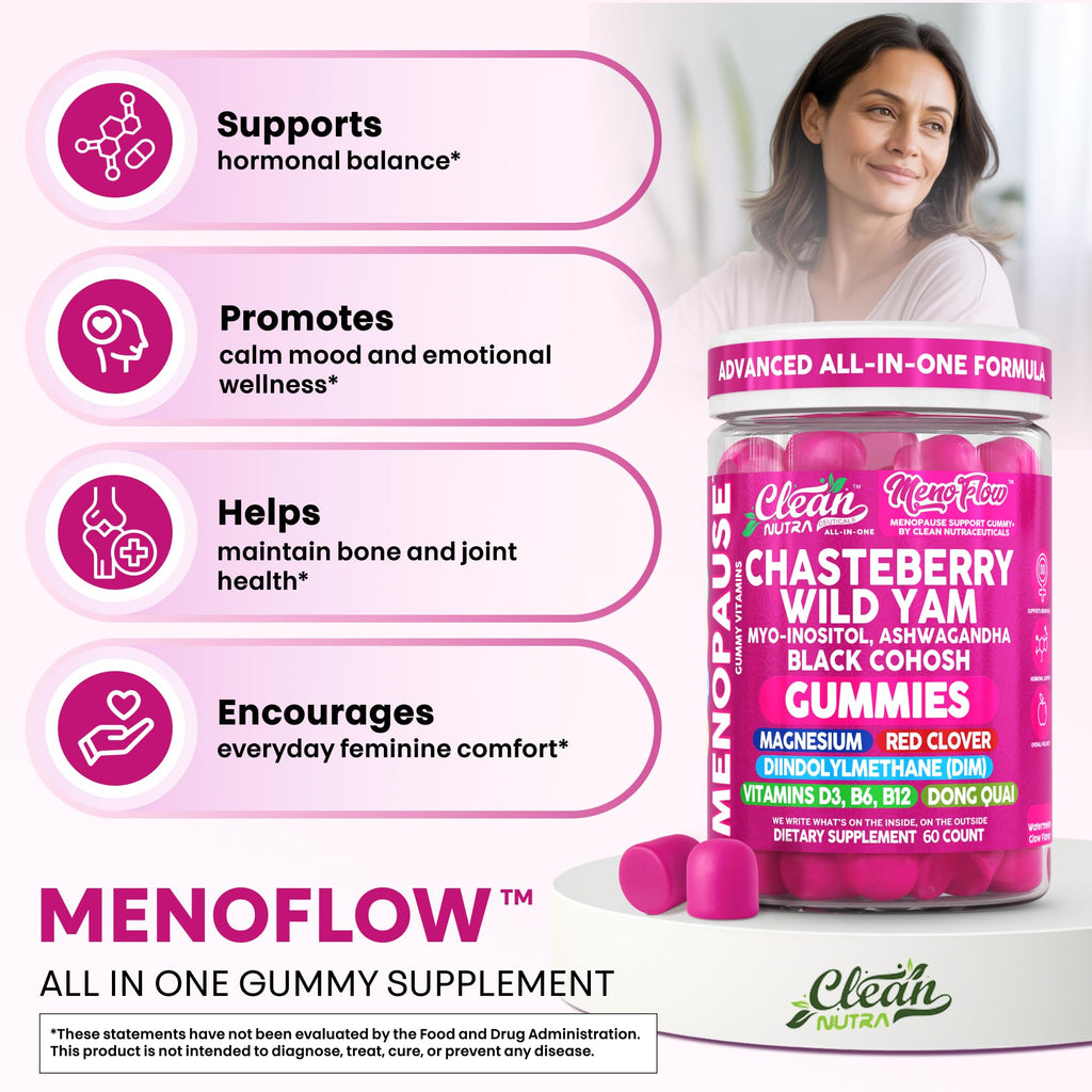 Clean Nutra Menopause Supplements for Women Chastberry Wild Yam Gummies Inositol Black Cohosh Magnesium Red Clover DIM Supplement B6 Magnesium Glycinate Glycine Vitex Hormone Balance Gummy Vitamins Clean Nutraceuticals Au supplements
