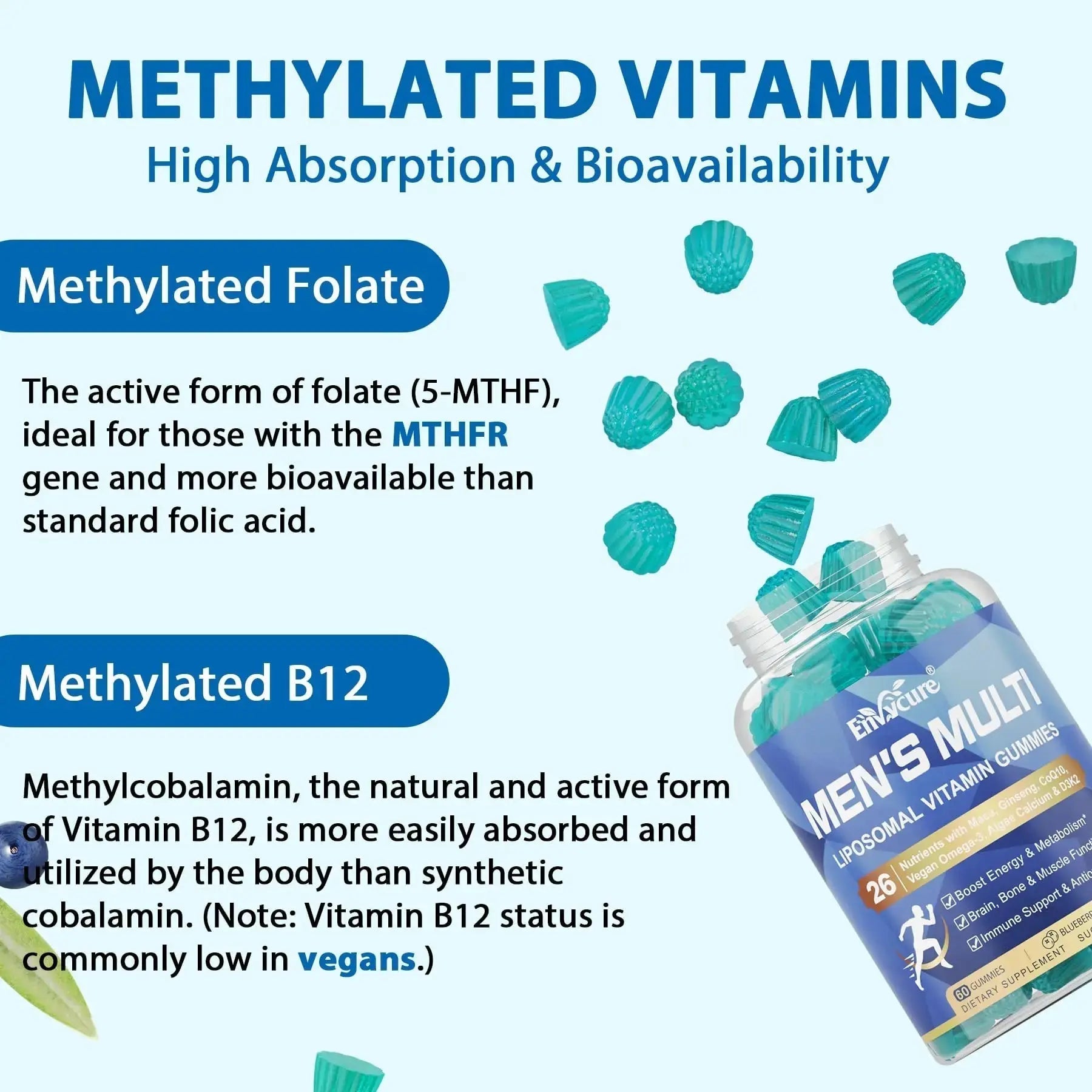 Methylated Multivitamin for Men Gummies, Vegan Omega 3, CoQ10, Zinc, Vitamin A C D3 K2 E B Complex, Calcium, Magnesium, Lycopene EnvyCure Au supplements