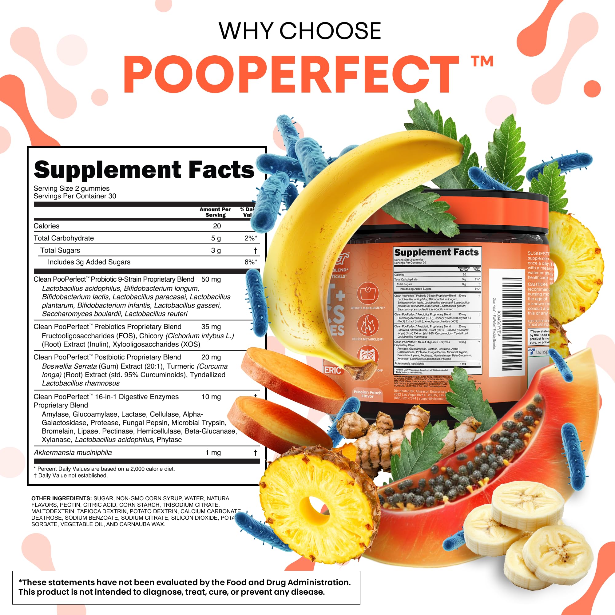 Clean Nutra Prebiotic Postbiotic Digestive Enzymes Gummies with Chicory Root, Boswellia Serrata, Turmeric, and Akkermansia | Pre+Post Probiotics Supplement